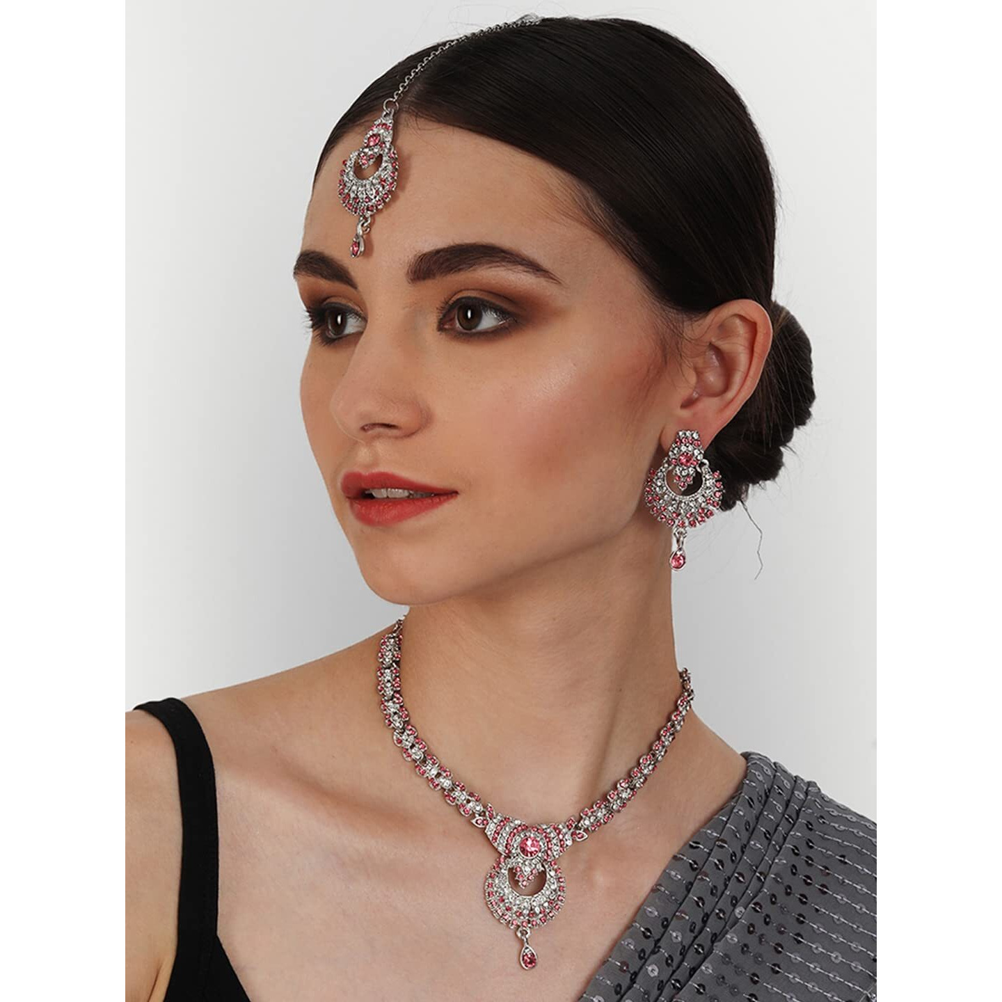 Atasi International Rhodium SilverPlated Alloy Necklace Jewellery Set with Earrings and Maang Tikka (White & Pink)