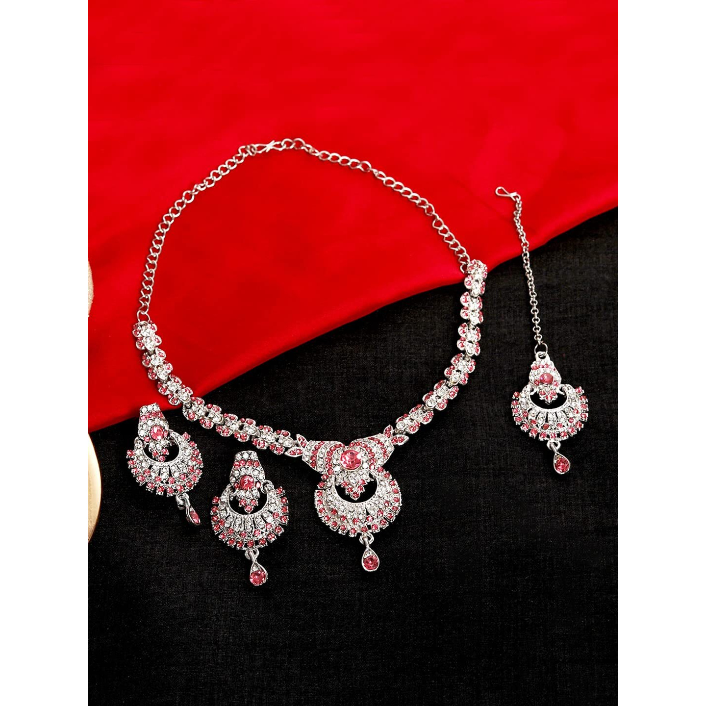 Atasi International Rhodium SilverPlated Alloy Necklace Jewellery Set with Earrings and Maang Tikka (White & Pink)