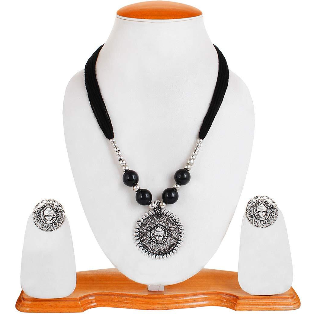 YouBella Fashion Jewellery Antique Oxidised Tribal Cotton Thread Jewellery Necklace Earring Set for Women & Girls.(Valentine Gift Special). (BLACK)