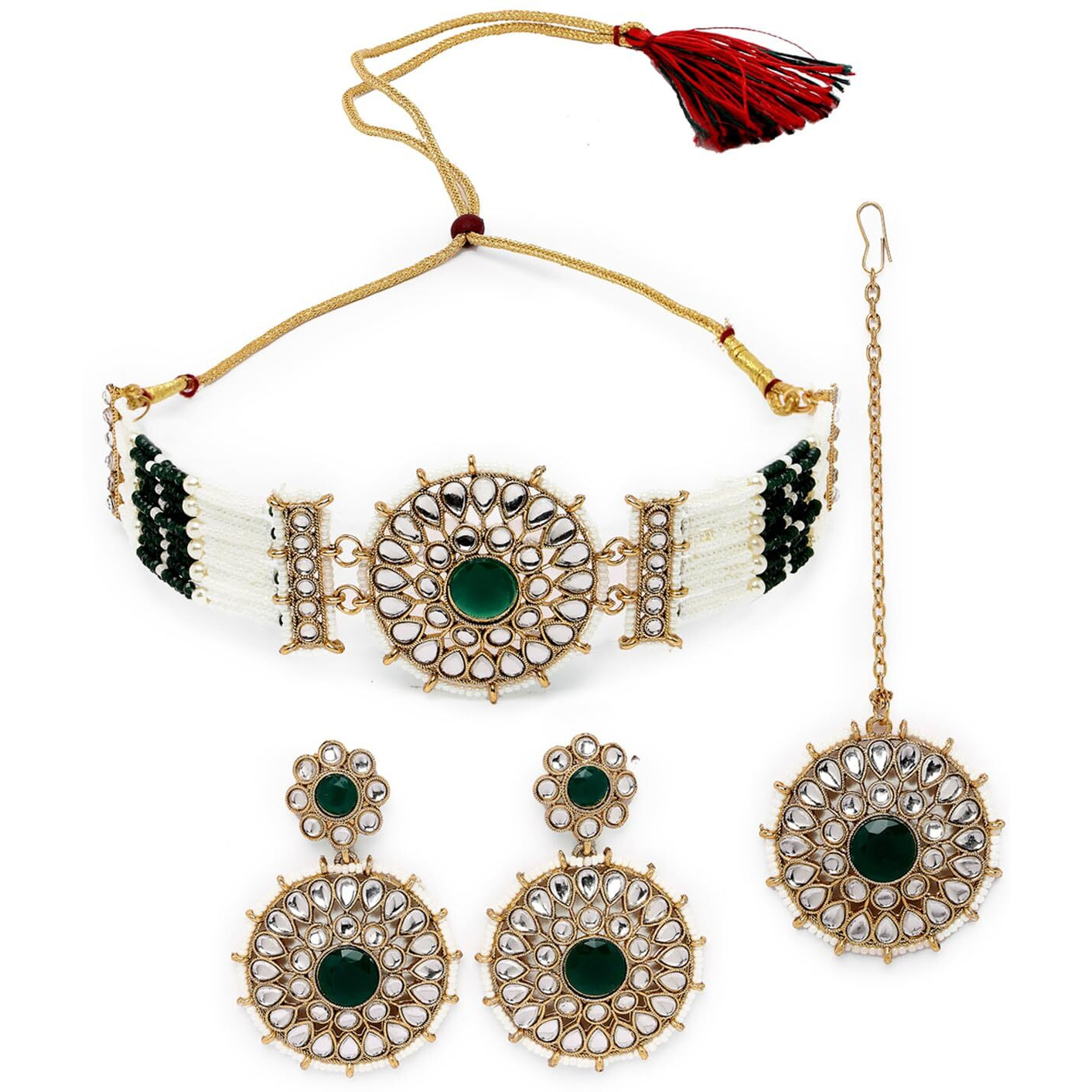 Sukkhi Decorative Round Shaped Green Kundan & Beads Choker Necklace Set With Earring And Maangtika | Jewellery Set For Women (NS105500)