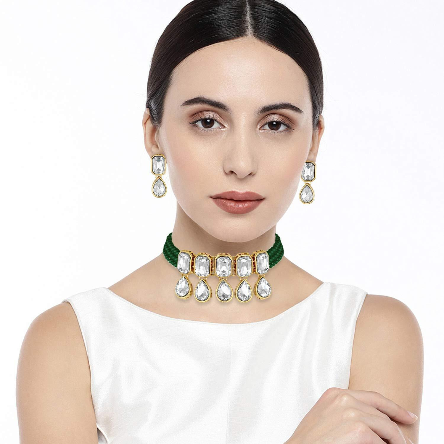 I Jewels 18K Gold Plated Traditional Handcrafted Crystal Stone Studded Pearl Choker Necklace Jewellery Set with Earrings For Women/Girls (ML249G)