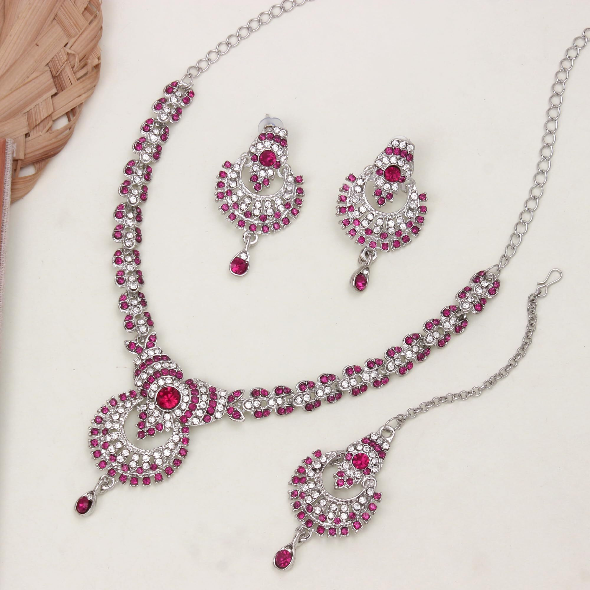 Atasi International Women Silver Plated Pink Crystals Ad Diamond Necklace Set With Earrings And Maang Tikka, Suitable For Bridal, Wedding, Party (Rgr1932)