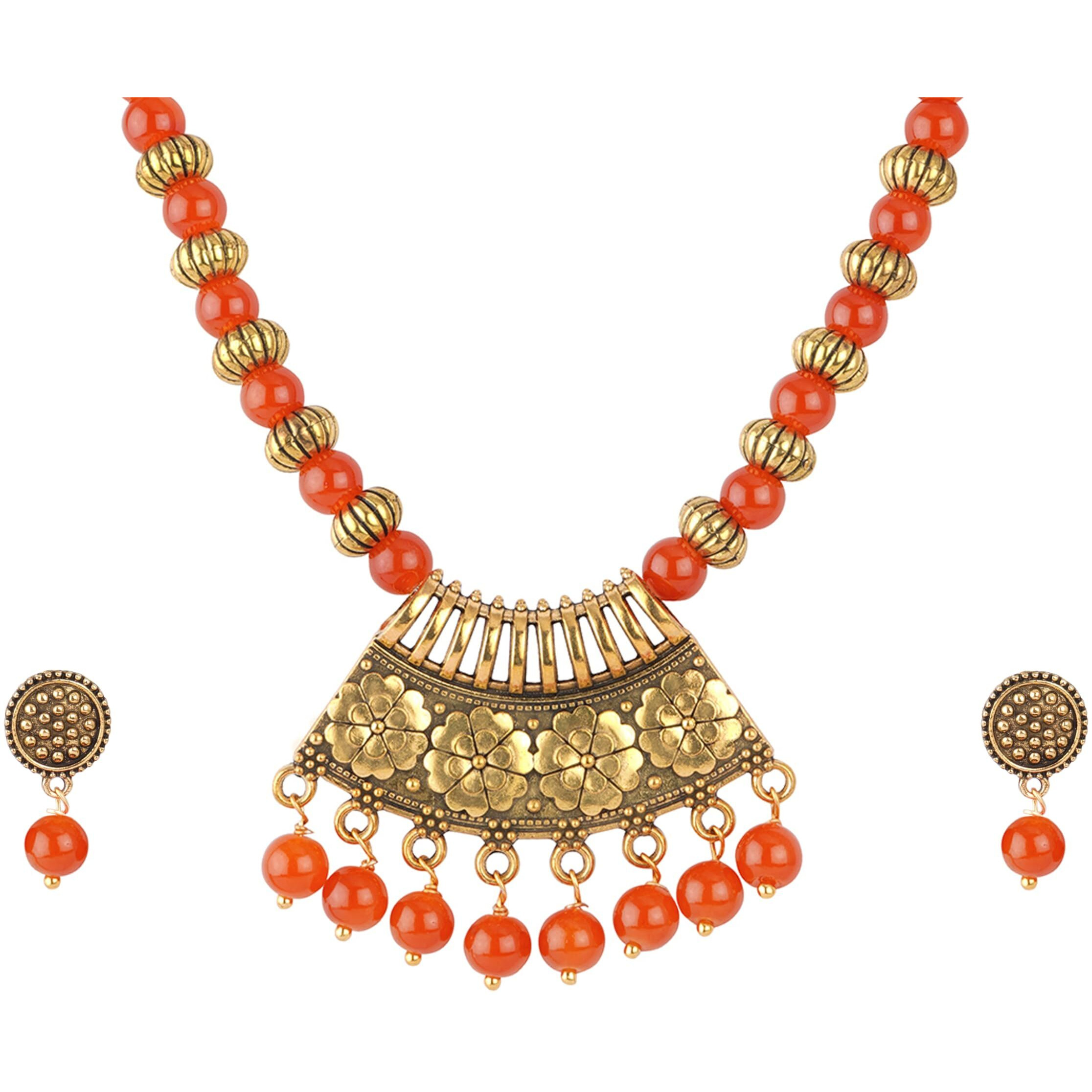 JFL - Jewellery for Less Contemporary Oxidised German Gold Plated Floral Pendant Beaded Tribal Necklace Set for Women and Girls(Orange),Valentine