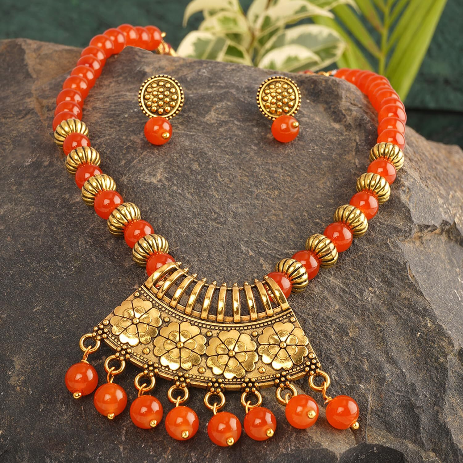 JFL - Jewellery for Less Contemporary Oxidised German Gold Plated Floral Pendant Beaded Tribal Necklace Set for Women and Girls(Orange),Valentine