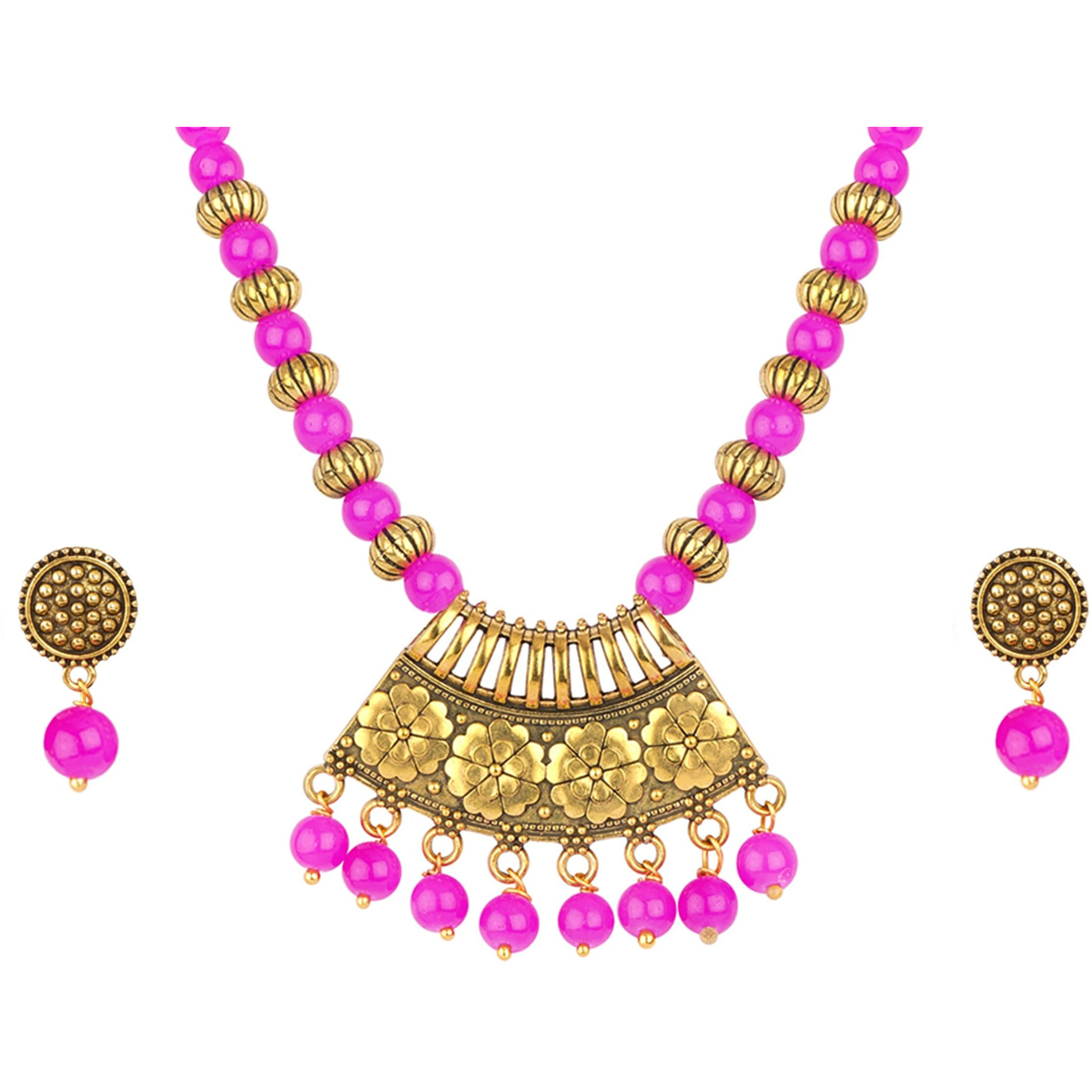 JFL - Jewellery for Less Stylish Gold Plated Antique Semi-Circle Pendant Beaded Tribal Necklace Set for Women and Girls (Rani Pink),Valentine