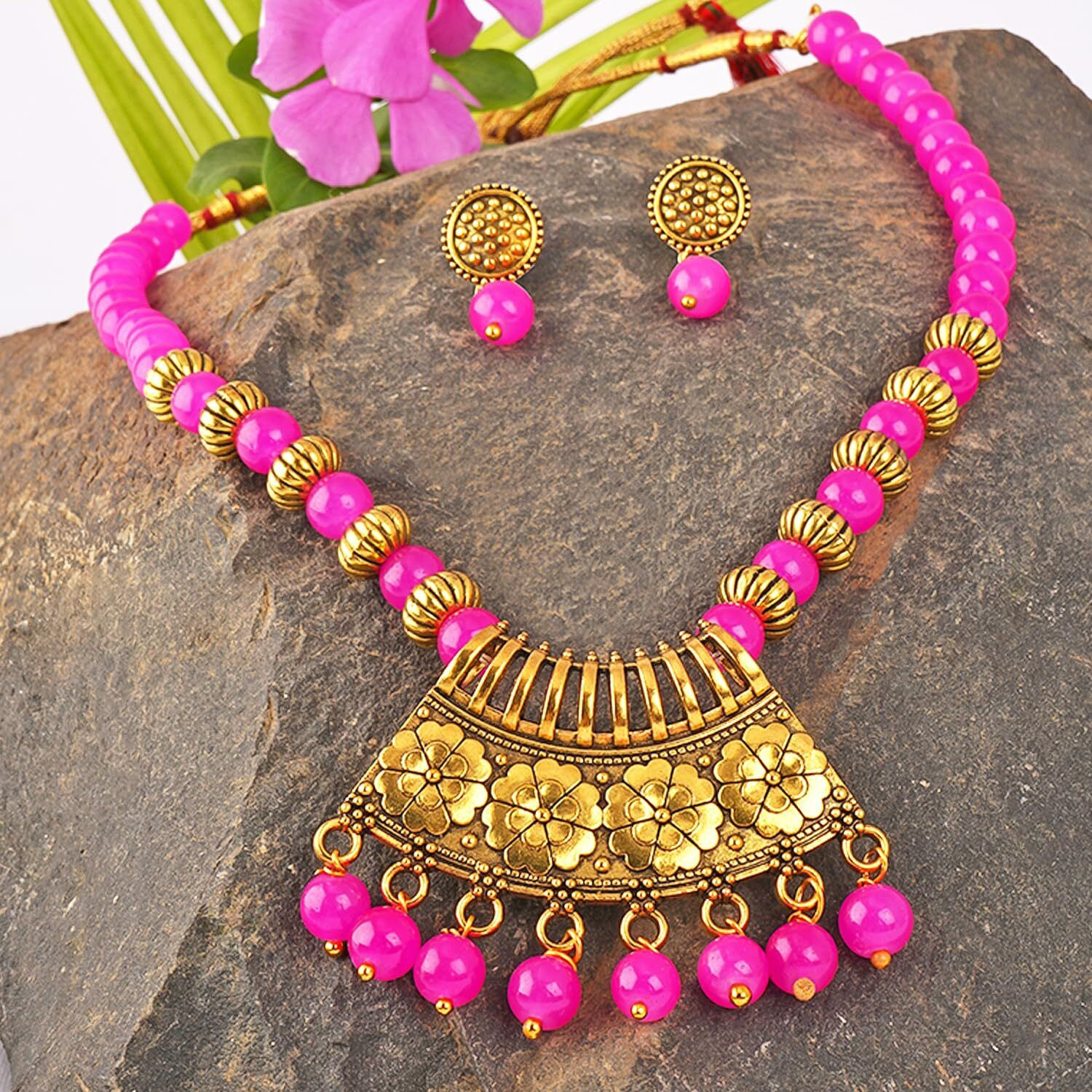 JFL - Jewellery for Less Stylish Gold Plated Antique Semi-Circle Pendant Beaded Tribal Necklace Set for Women and Girls (Rani Pink),Valentine