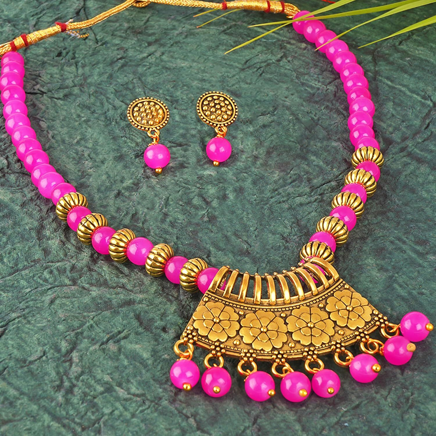 JFL - Jewellery for Less Stylish Gold Plated Antique Semi-Circle Pendant Beaded Tribal Necklace Set for Women and Girls (Rani Pink),Valentine