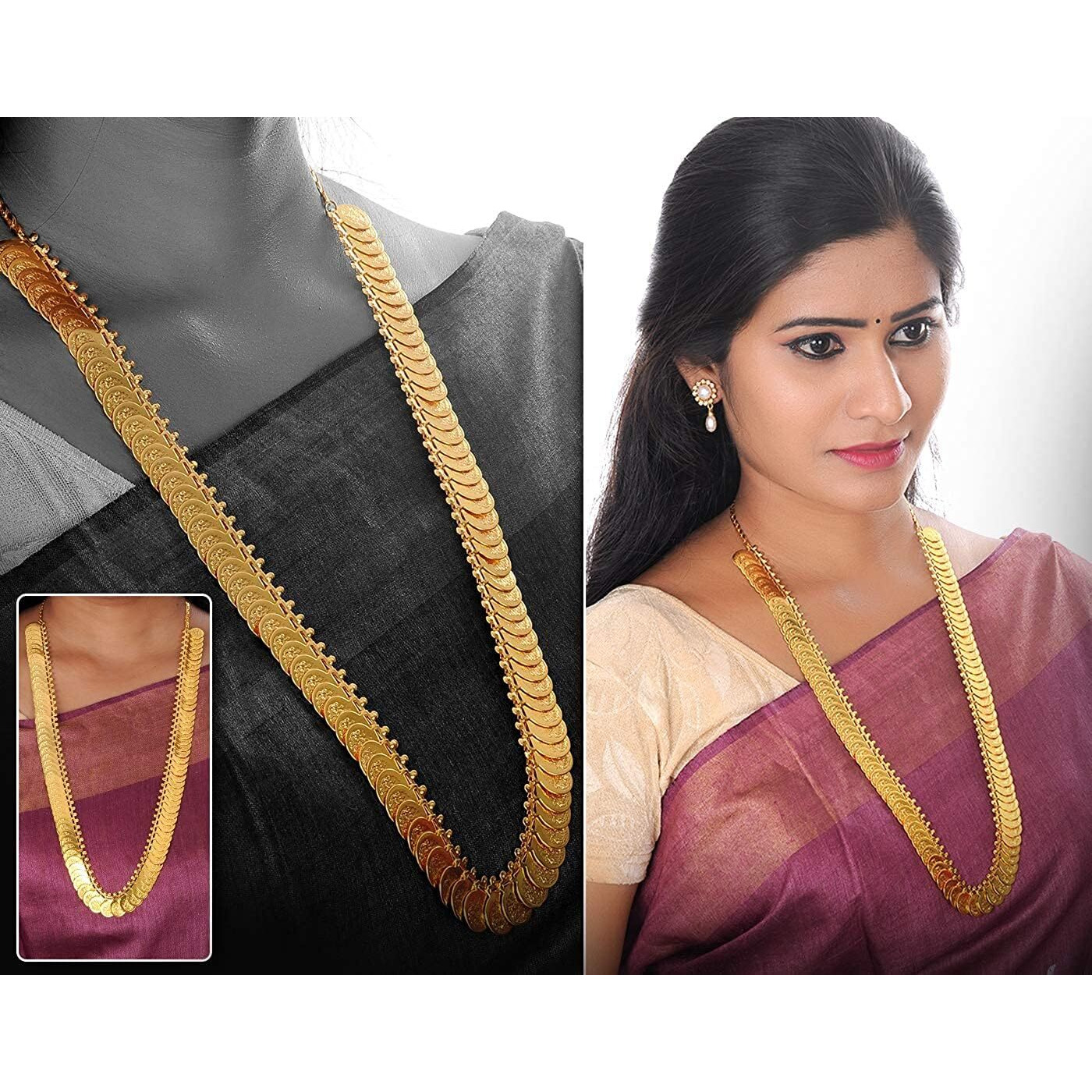 VAMA Fashions Traditional Maharashtrian Gold Haram Laxmi Lakshmi Kasu Coin Long Necklace Jewellery Set for Women