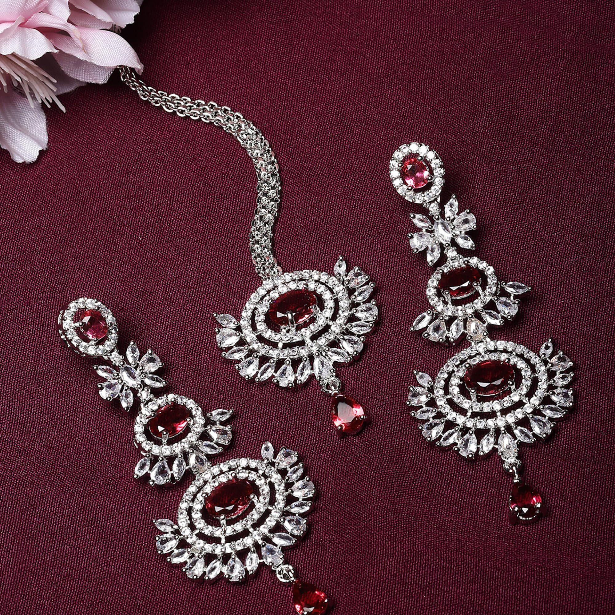 ZENEME Rose Gold Plated American Diamond Studded Maang Tikka & Earrings Jewellery Set For Woment and Girl (Rhodium-Plated Red)