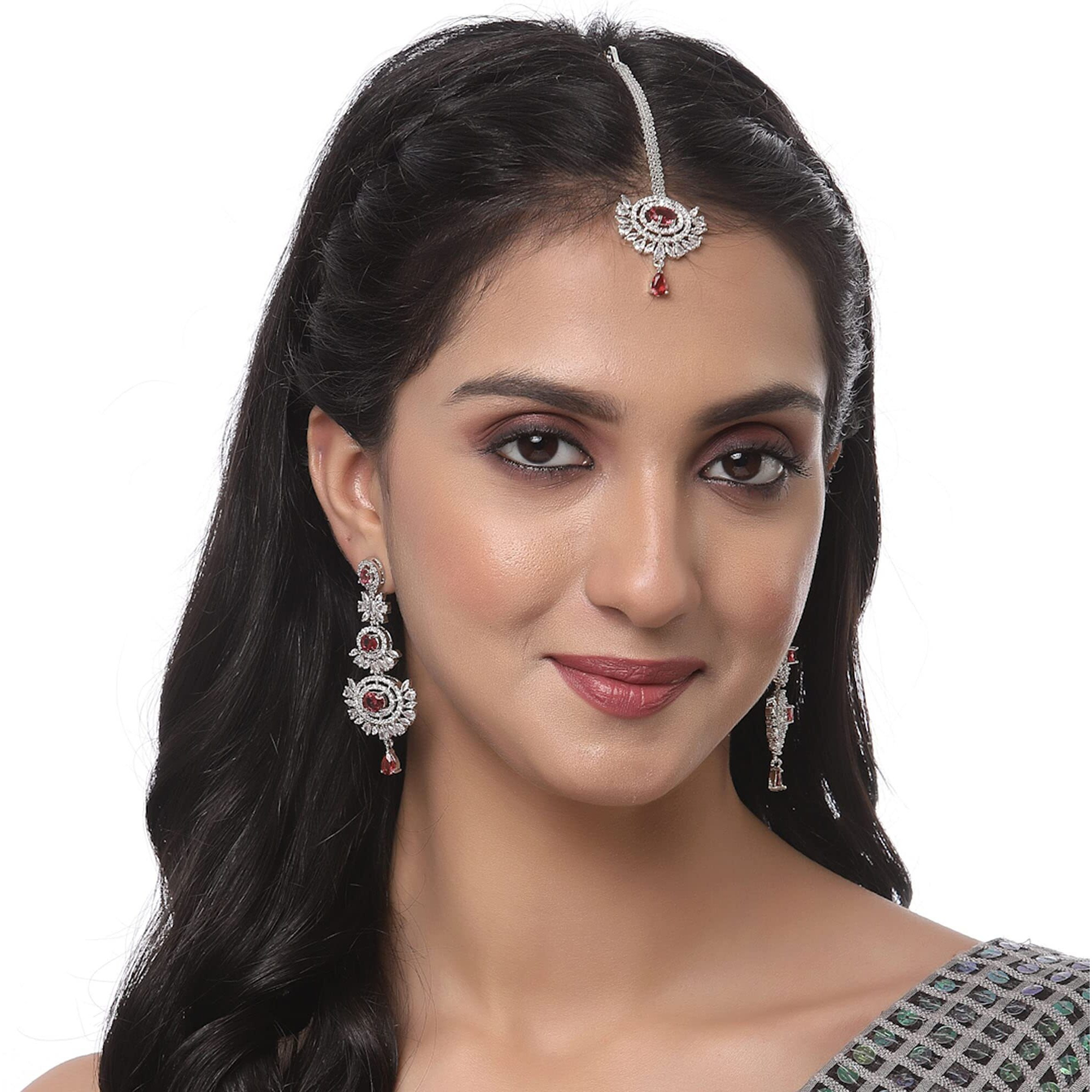 ZENEME Rose Gold Plated American Diamond Studded Maang Tikka & Earrings Jewellery Set For Woment and Girl (Rhodium-Plated Red)