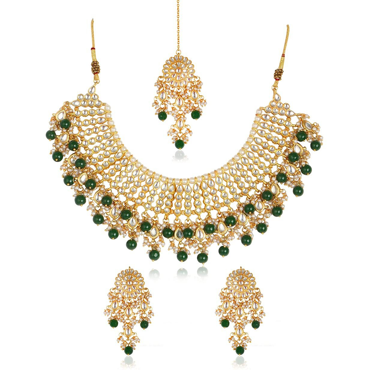 Karatcart 22K GoldPlated Traditional Kundan Pearl Bridal Green Choker Jewellery Set for Women