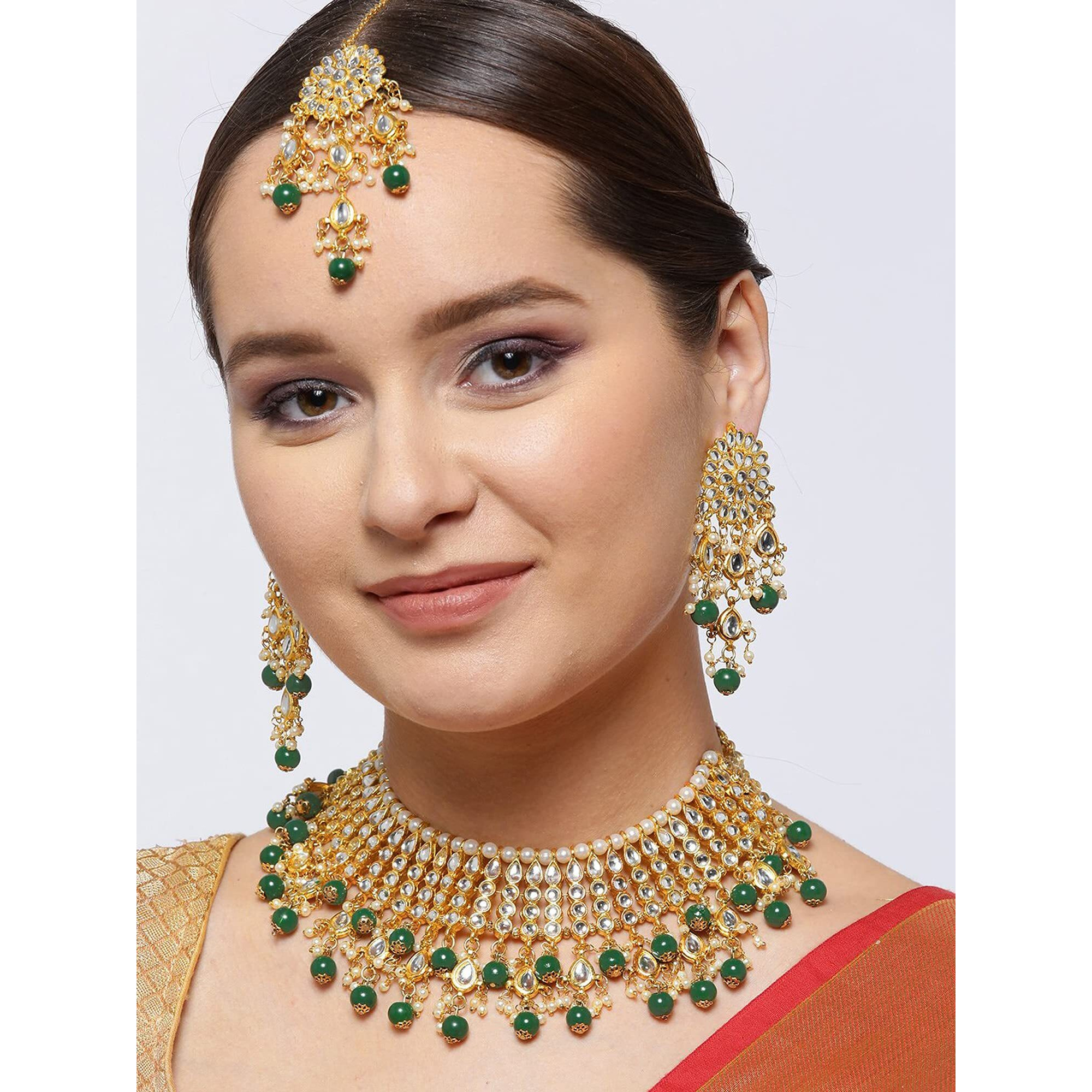 Karatcart 22K GoldPlated Traditional Kundan Pearl Bridal Green Choker Jewellery Set for Women