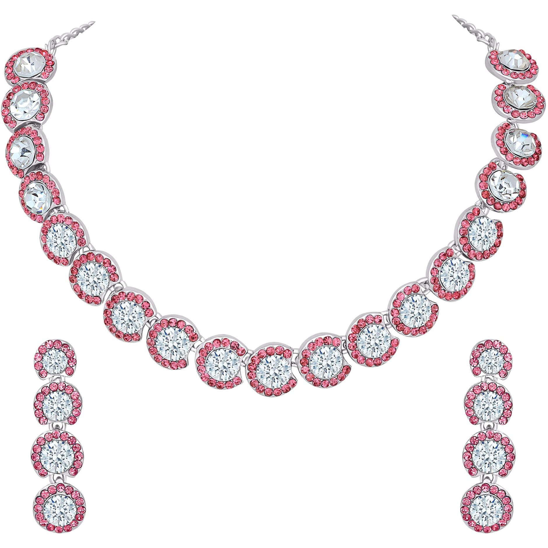 Atasi International Gloss Sparkle Diamond Silver Pink Plated Alloy Choker Necklace Set with Earrings For Women (RP5460)