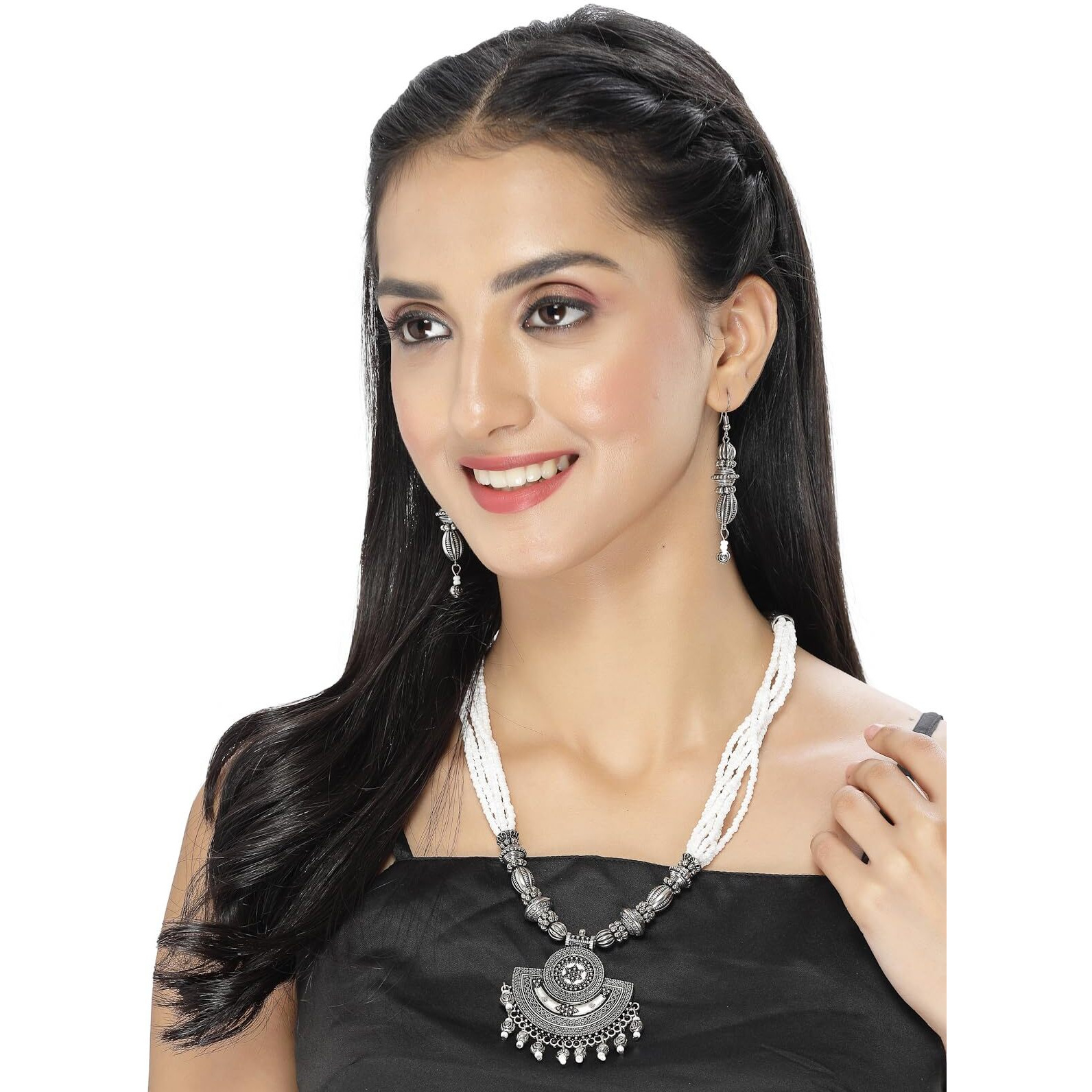 Sukkhi Ethnic Oxidised Silver Plated Stylish Beads Long Necklace Set And Earring | Jewellery Set For Women (NS105589)