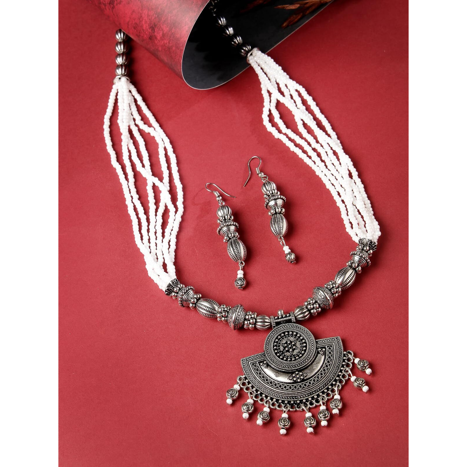 Sukkhi Ethnic Oxidised Silver Plated Stylish Beads Long Necklace Set And Earring | Jewellery Set For Women (NS105589)