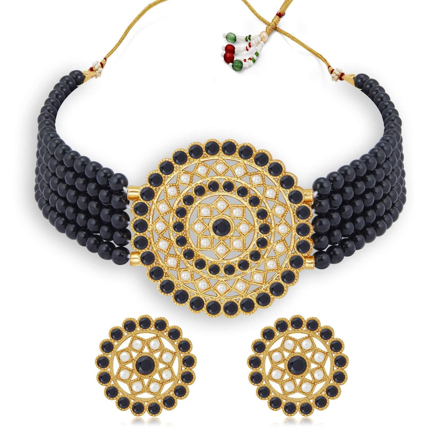 Sukkhi Elegant Gold Plated Black & White Pearl Choker Necklace Set for Women (SKR70439), free size