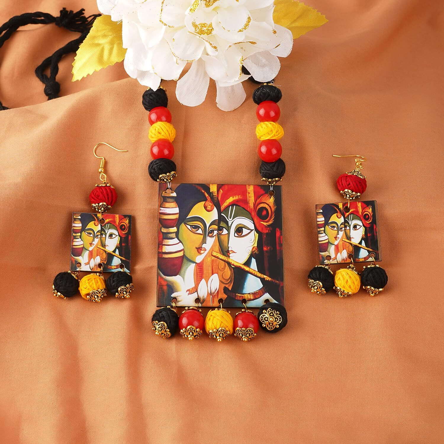 JFL - Jewellery for Less Traditional Radha & Krishna Painting Pendant Cotton Beaded Adjustable Thread Handcraft Necklace Set for Women and Girls,Valentine