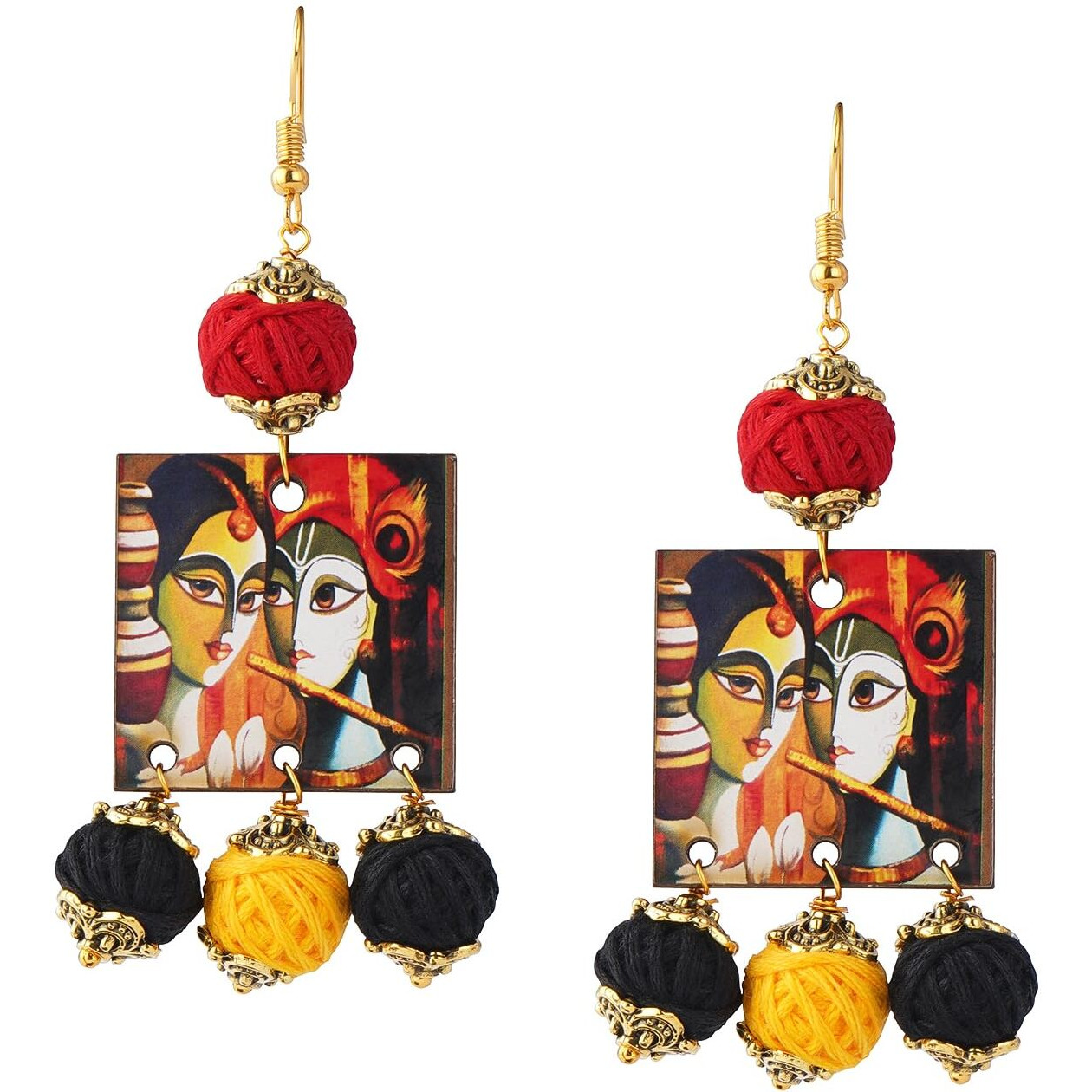 JFL - Jewellery for Less Traditional Radha & Krishna Painting Pendant Cotton Beaded Adjustable Thread Handcraft Necklace Set for Women and Girls,Valentine