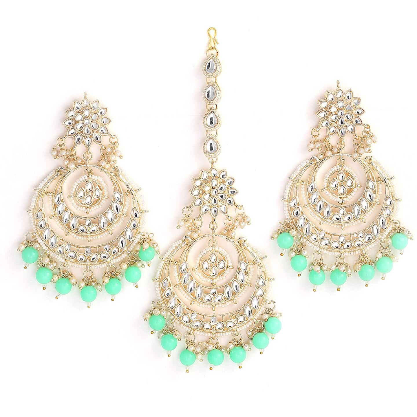 ZENEME Traditional Gold Plated Big Chandbali Kundan & Pearl Earring Set With Maang Tikka for Women (Light Green)