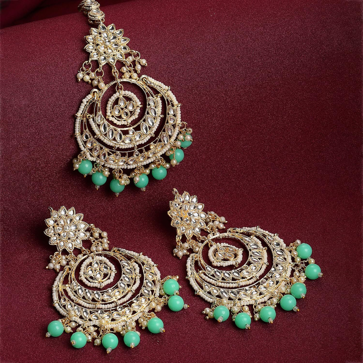 ZENEME Traditional Gold Plated Big Chandbali Kundan & Pearl Earring Set With Maang Tikka for Women (Light Green)