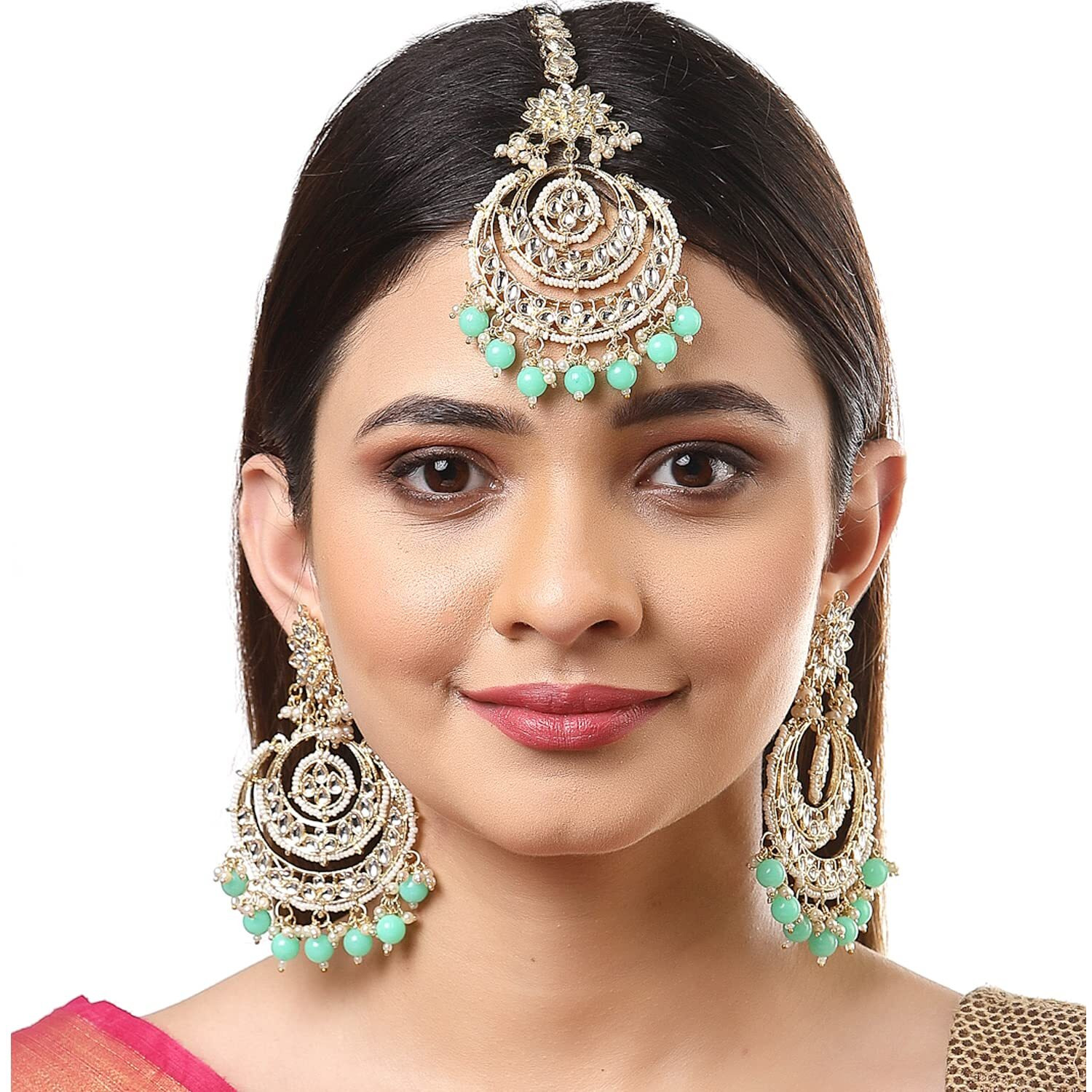 ZENEME Traditional Gold Plated Big Chandbali Kundan & Pearl Earring Set With Maang Tikka for Women (Light Green)