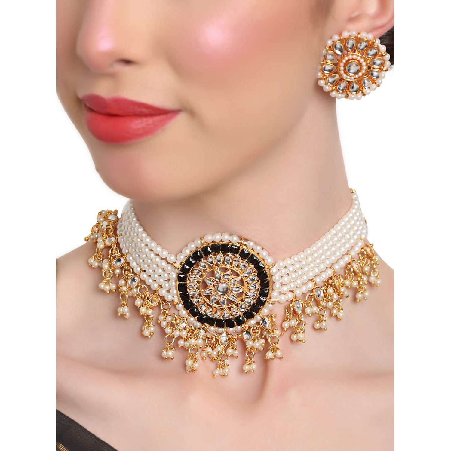 Shining Diva Fashion Latest Stylish Choker Traditional Pearl Kundan Necklace Jewellery Set for Women (Black)(12816s), One