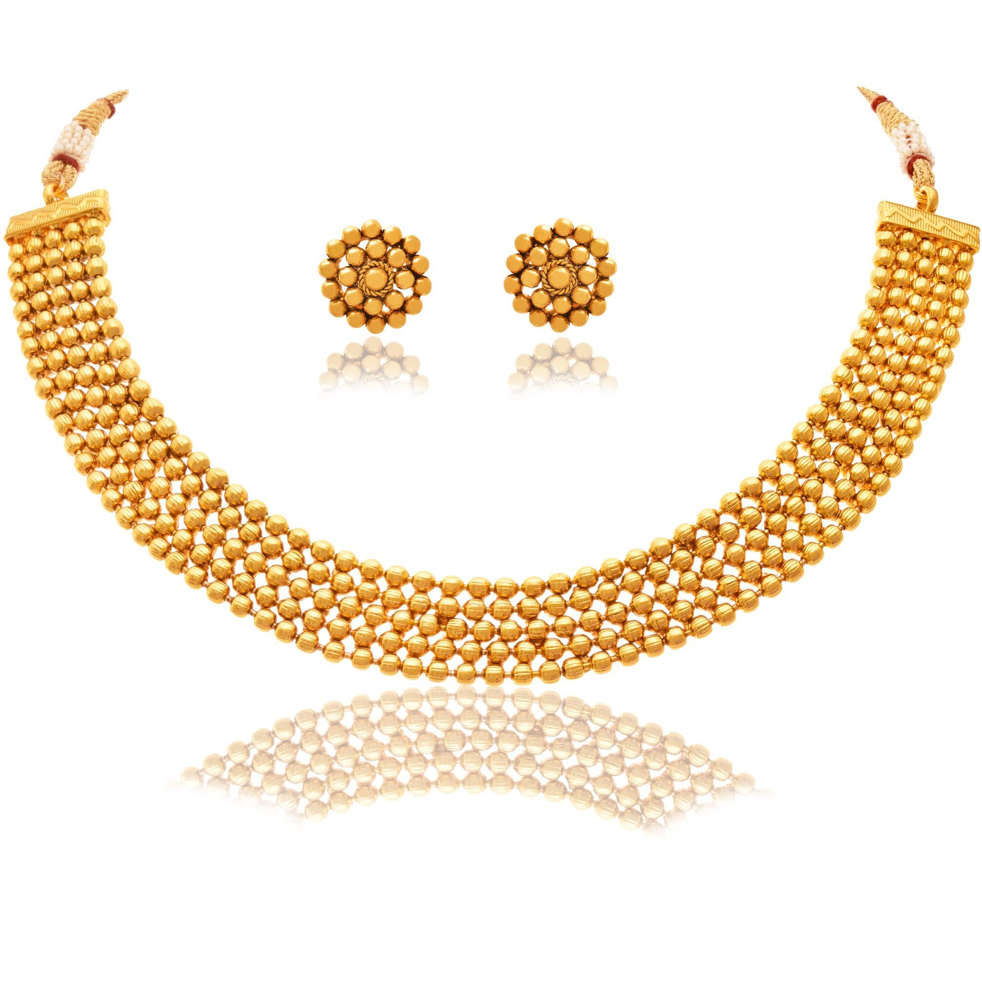 JFL - Jewellery for Less Traditional One Gram Gold Plated Beaded Maharashtrian Looks Patta Necklace Set with Stud Earring for Women and Girls.,Valentine