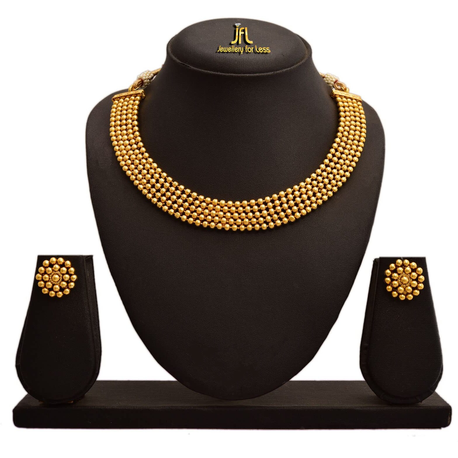 JFL - Jewellery for Less Traditional One Gram Gold Plated Beaded Maharashtrian Looks Patta Necklace Set with Stud Earring for Women and Girls.,Valentine