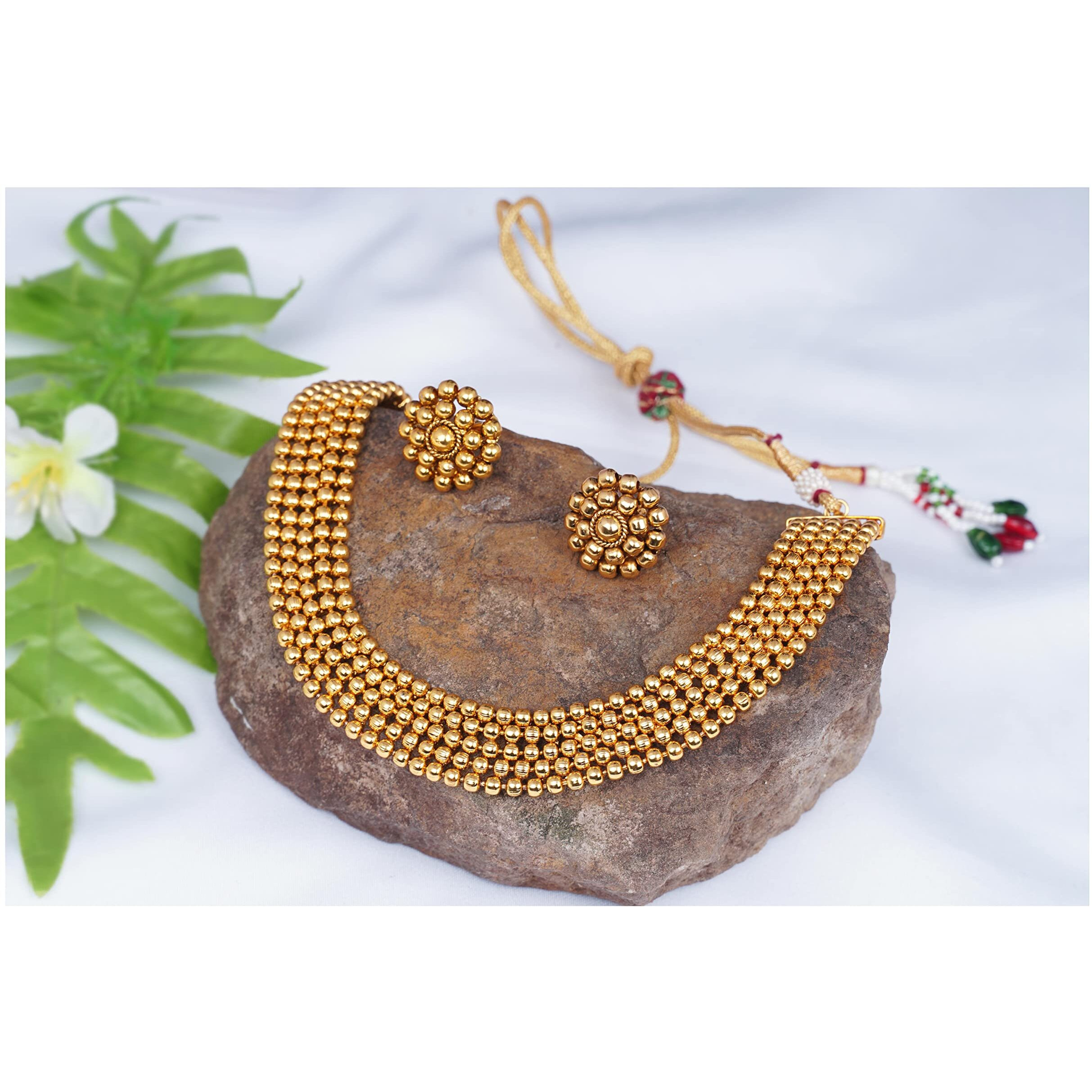 JFL - Jewellery for Less Traditional One Gram Gold Plated Beaded Maharashtrian Looks Patta Necklace Set with Stud Earring for Women and Girls.,Valentine