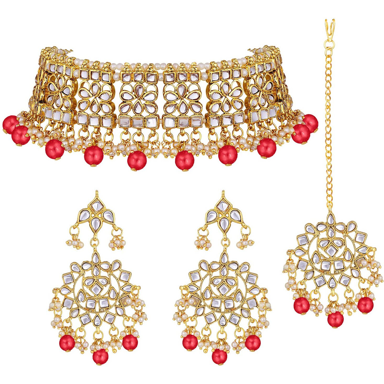 Peora Ethnic Indian Traditional Jewellery Kundan Choker Necklace Earring Maang Tikka Set for Women Girls (Red)