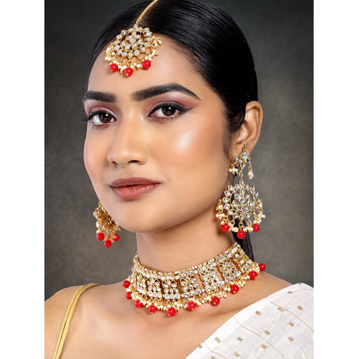 Peora Ethnic Indian Traditional Jewellery Kundan Choker Necklace Earring Maang Tikka Set for Women Girls (Red)