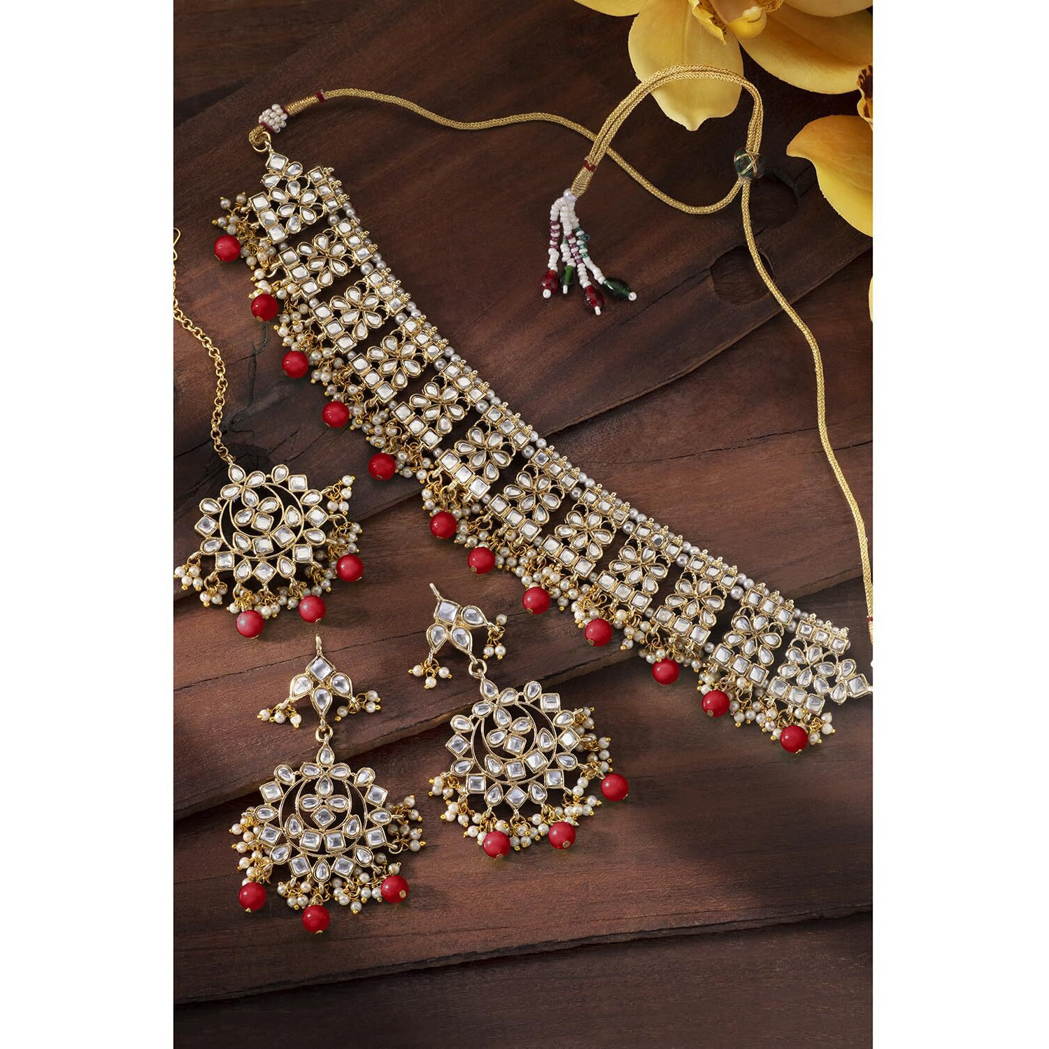 Peora Ethnic Indian Traditional Jewellery Kundan Choker Necklace Earring Maang Tikka Set for Women Girls (Red)