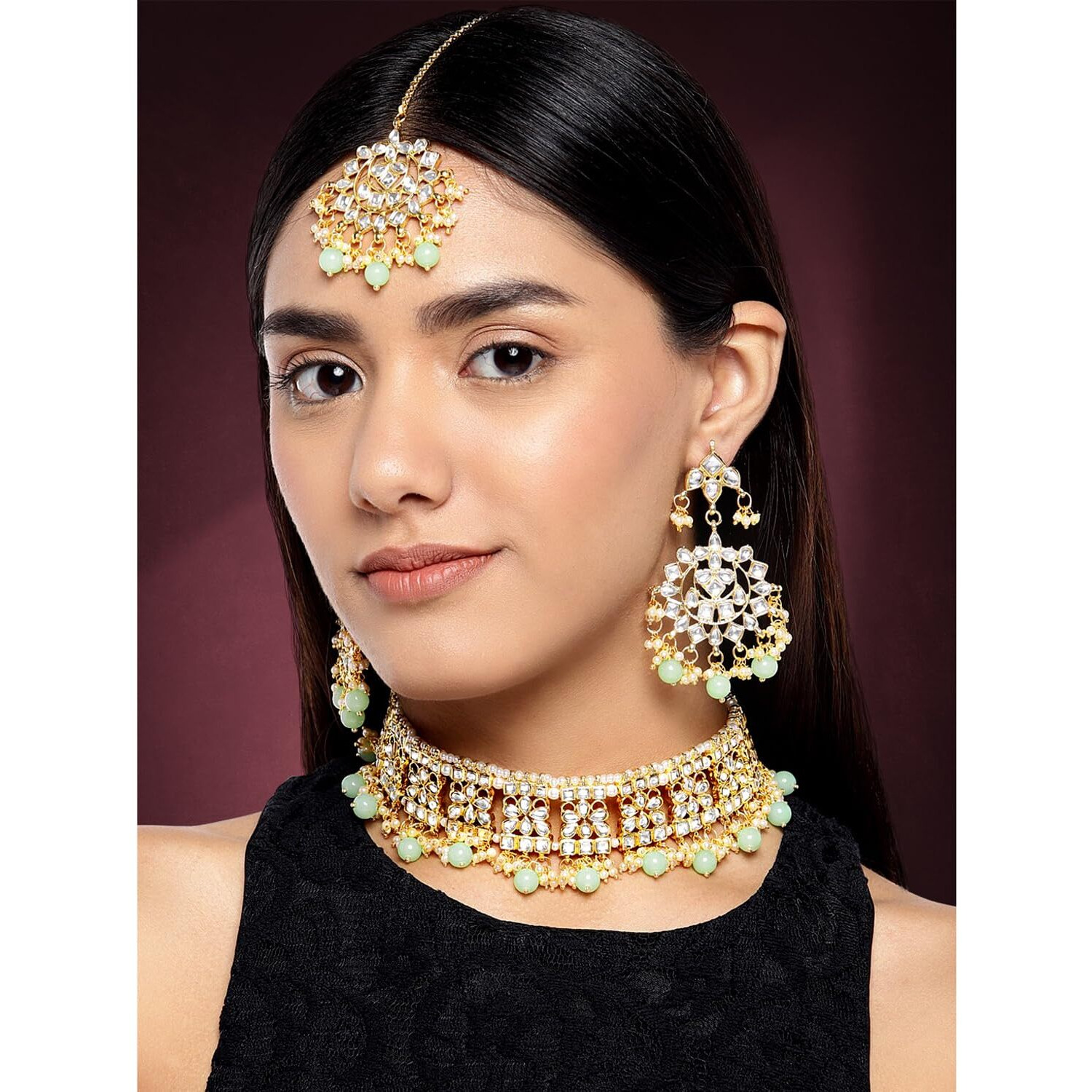 Peora Ethnic Indian Traditional Jewellery Kundan Choker Necklace Earring Maang Tikka Set for Women Girls