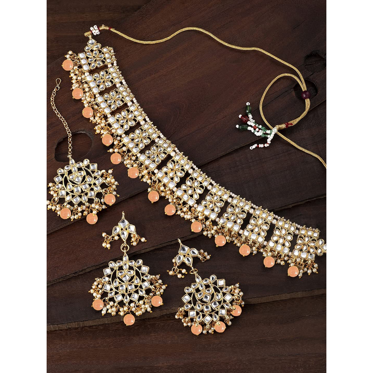 Peora Ethnic Indian Traditional Jewellery 18K Gold Plated Kundan Necklace Earring Mang Tikka Set for Women Girls (Peach)