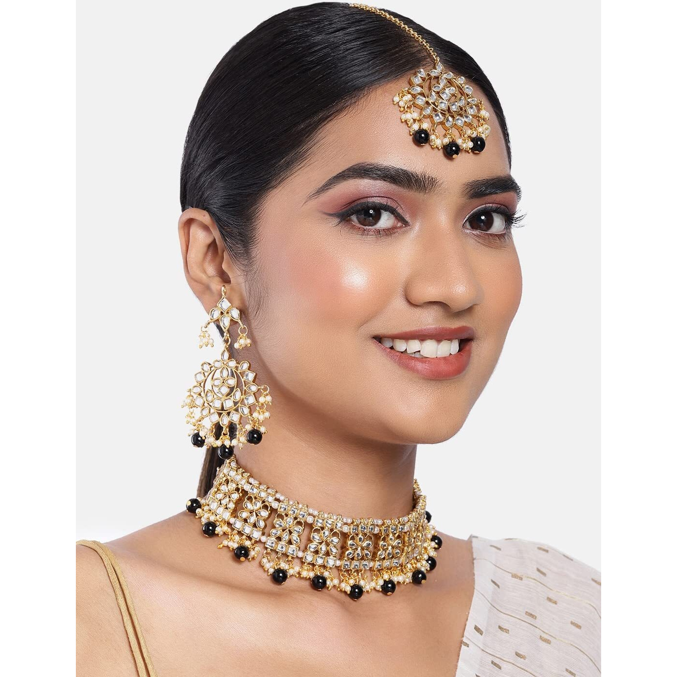 Peora Ethnic Indian Traditional Jewellery Kundan Choker Necklace Earring Maang Tikka Set for Women Girls (Black)