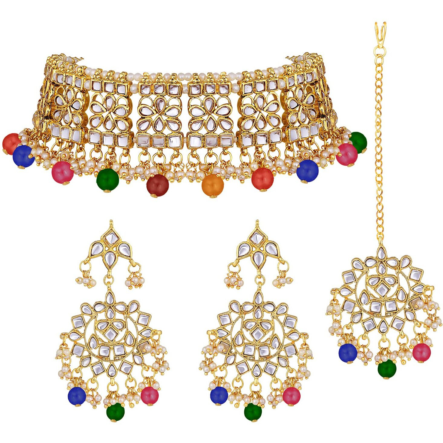 Peora Ethnic Indian Traditional Jewellery 18K Gold Plated Kundan Brass Alloy Necklace Earring Mang Tikka Set for Women Girls (Multi-Colour)