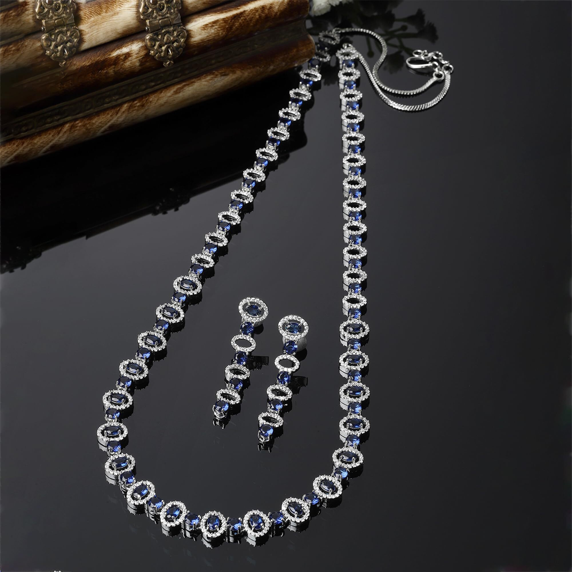 ZENEME Rhodium-Plated Silver Toned Oval American Diamond Long Necklace Earrings Jewellery Set for Girls and Women (Blue)