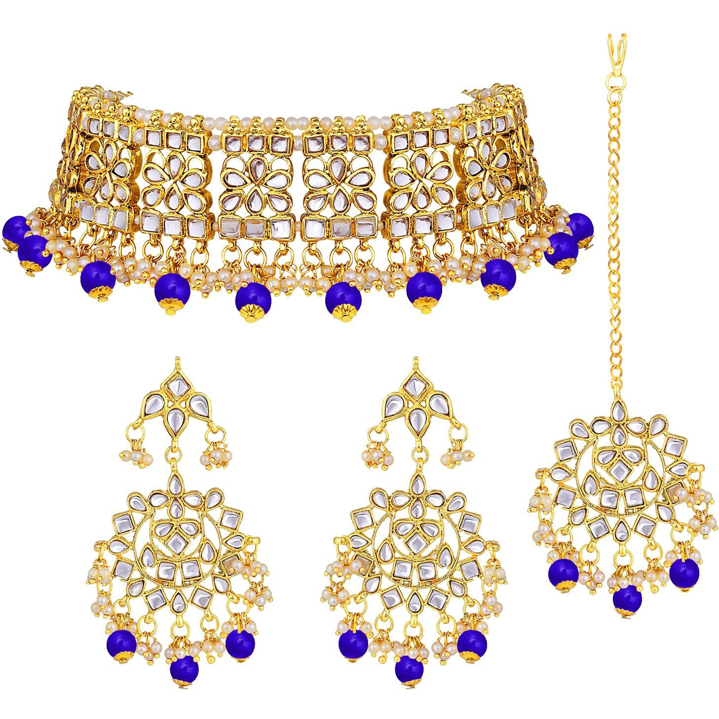 Peora Ethnic Indian Traditional Gold Plated Kundan Necklace Earring Maang Tikka Jewellery Set for Women Girls