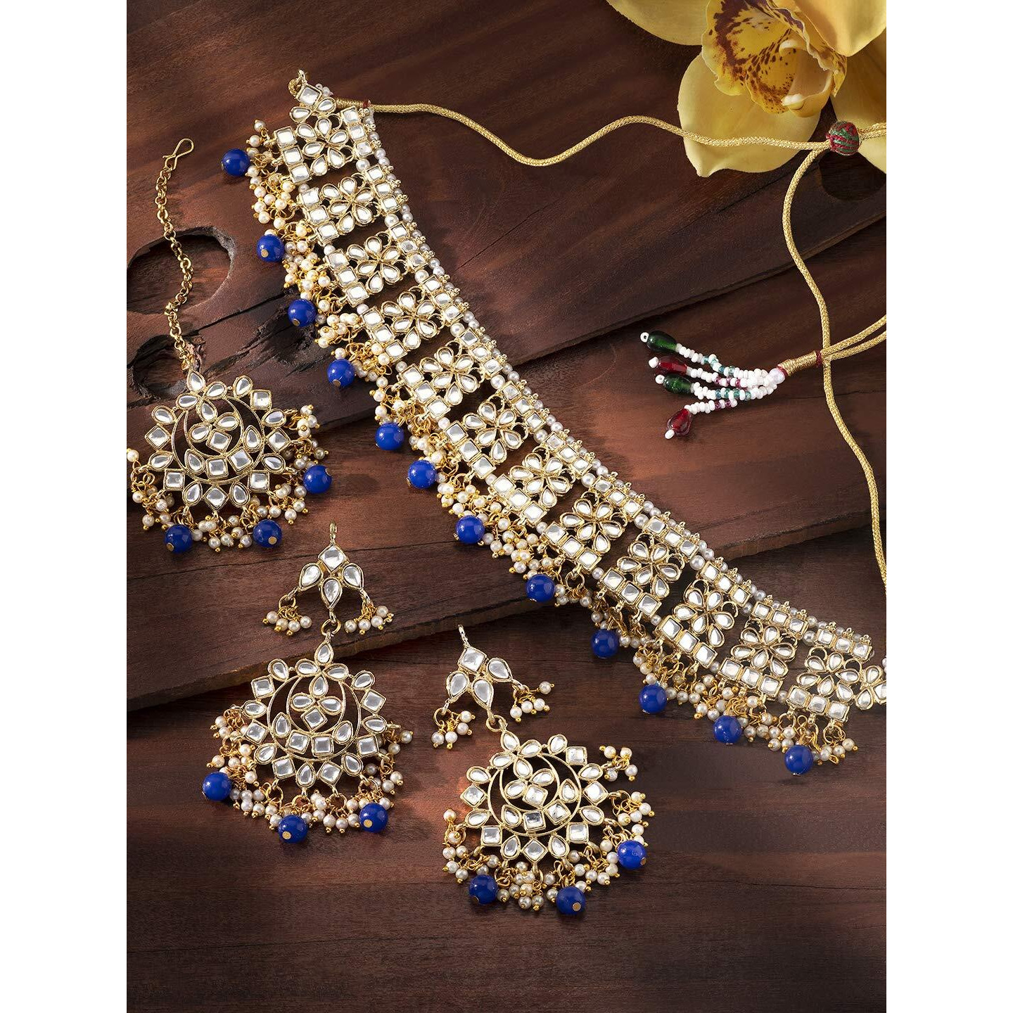 Peora Ethnic Indian Traditional Gold Plated Kundan Necklace Earring Maang Tikka Jewellery Set for Women Girls