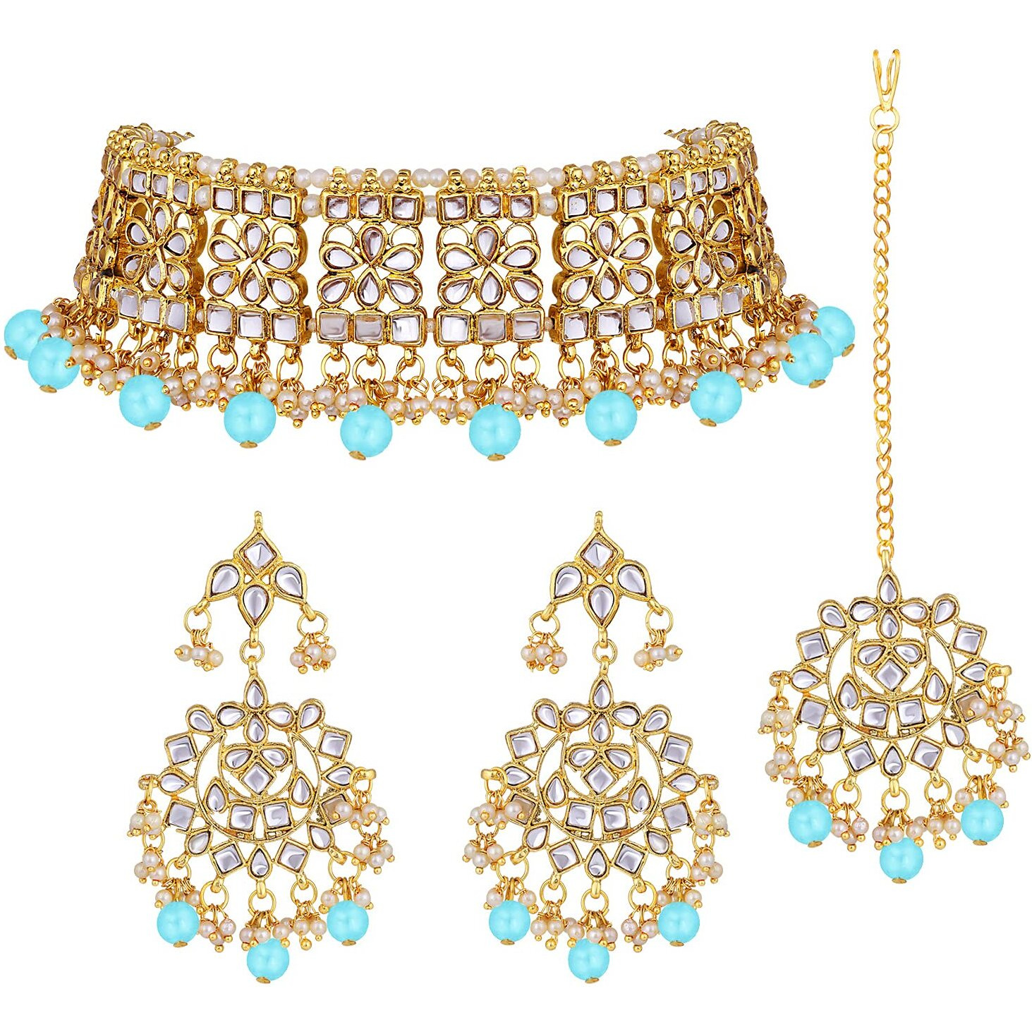 Peora Ethnic Indian Traditional Jewellery 18K Gold Plated Kundan Brass Alloy Necklace Earring Mang Tikka Set for Women Girls (Sky Blue)