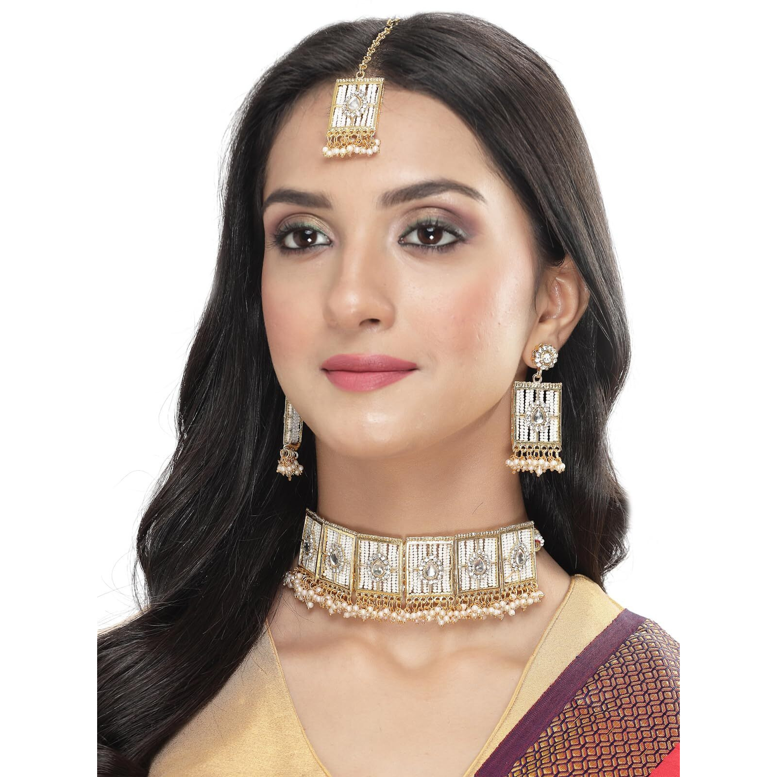 Sukkhi Beautiful Squared Shaped White Beads With Gold Plated Choker Necklace Set With Earring And Maangtika | Jewellery Set For Women (NS105496)