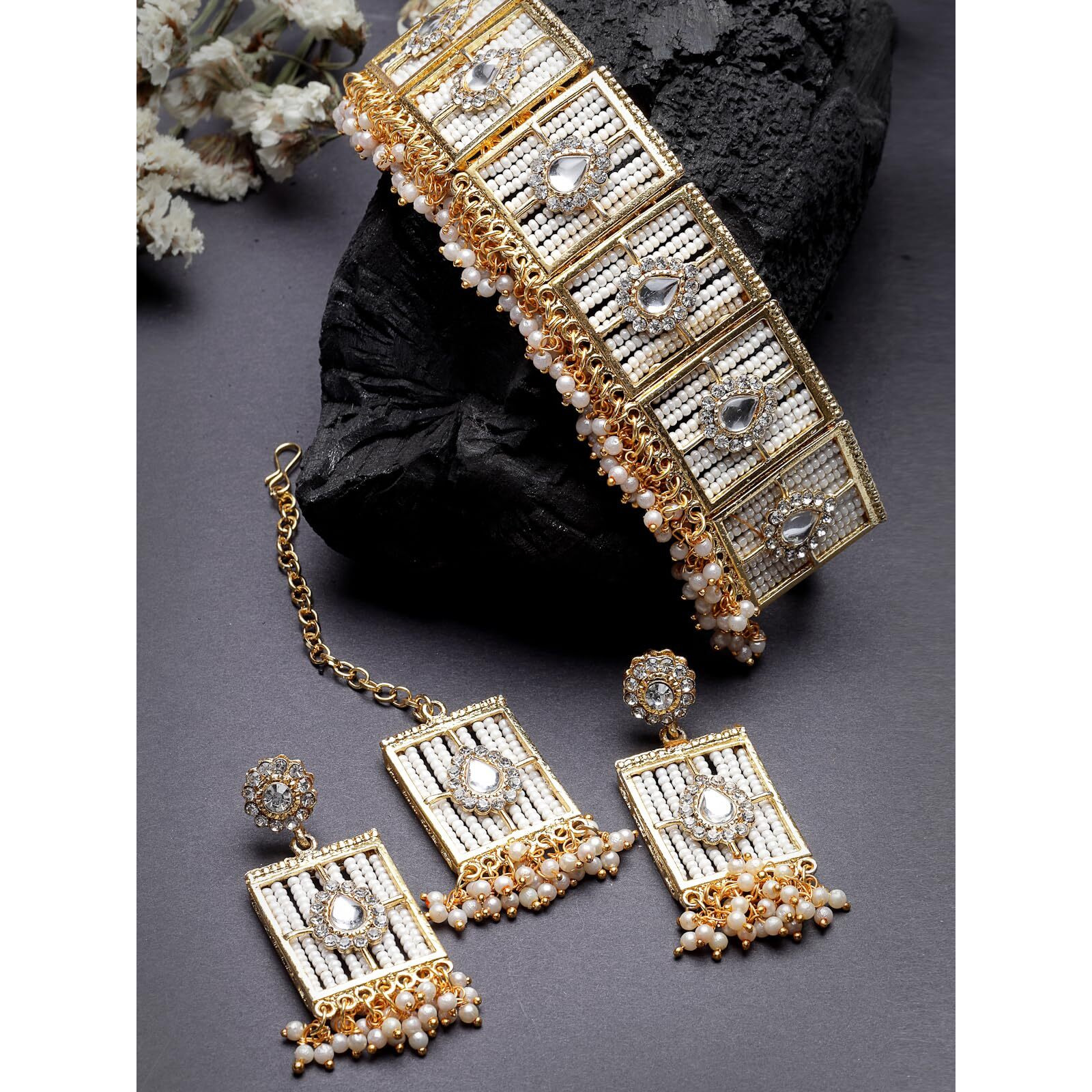 Sukkhi Beautiful Squared Shaped White Beads With Gold Plated Choker Necklace Set With Earring And Maangtika | Jewellery Set For Women (NS105496)