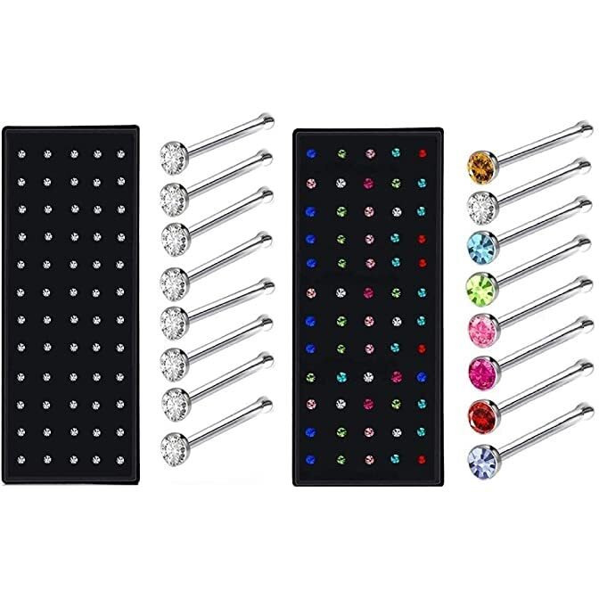 VAMA FASHIONS Multicolor Silver stone nose ring pin hoop with piercing tiny stud 2 mm - 120 PCS