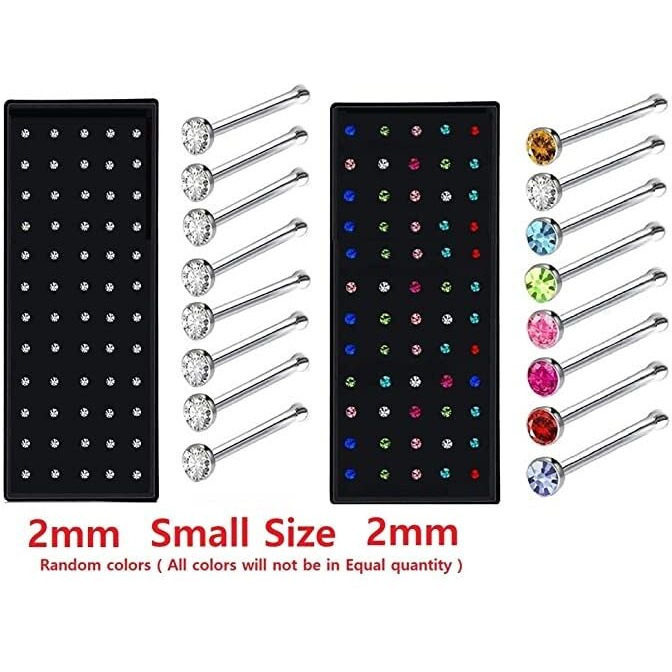 VAMA FASHIONS Multicolor Silver stone nose ring pin hoop with piercing tiny stud 2 mm - 120 PCS