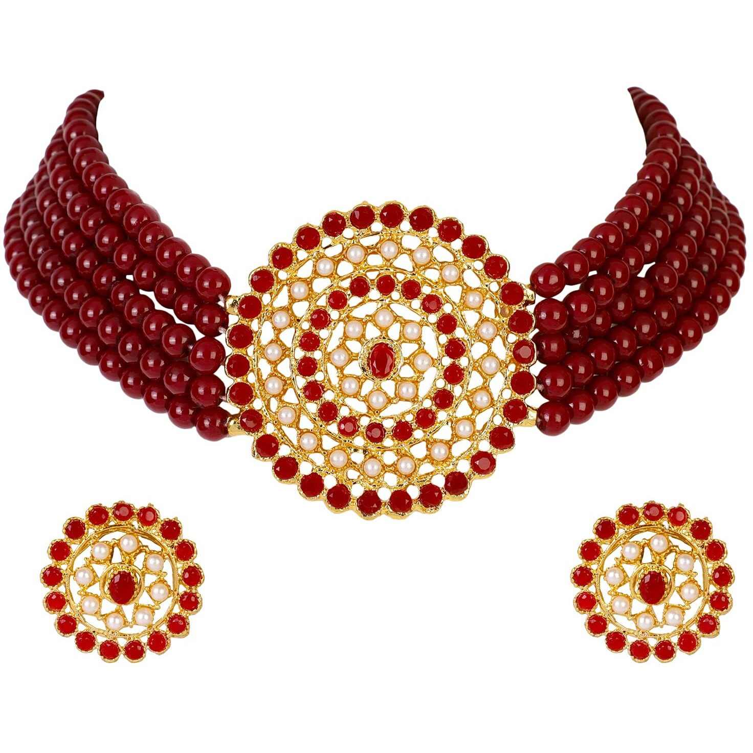 Shining Diva Fashion Latest Choker Design Traditional Stylish Fancy Pearl Necklace Jewellery Set for Women (A12085s), Maroon