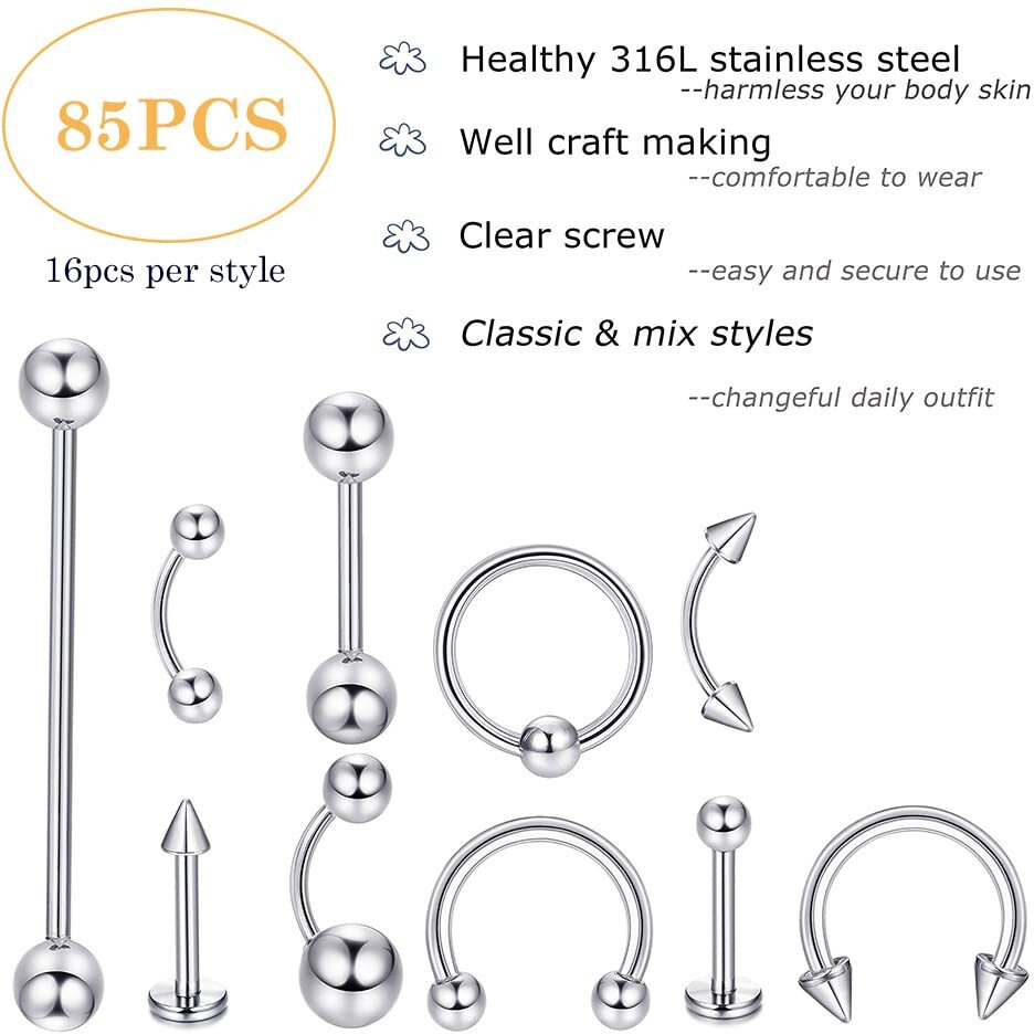 MAYCREATE 85 pcs Stylish Piercing Stainless Steel Body Jewelry Set for Women and Men For Lip, Tongue, Eyebrow, Nipple, Belly-Button, Nose Piercings Piercing Art