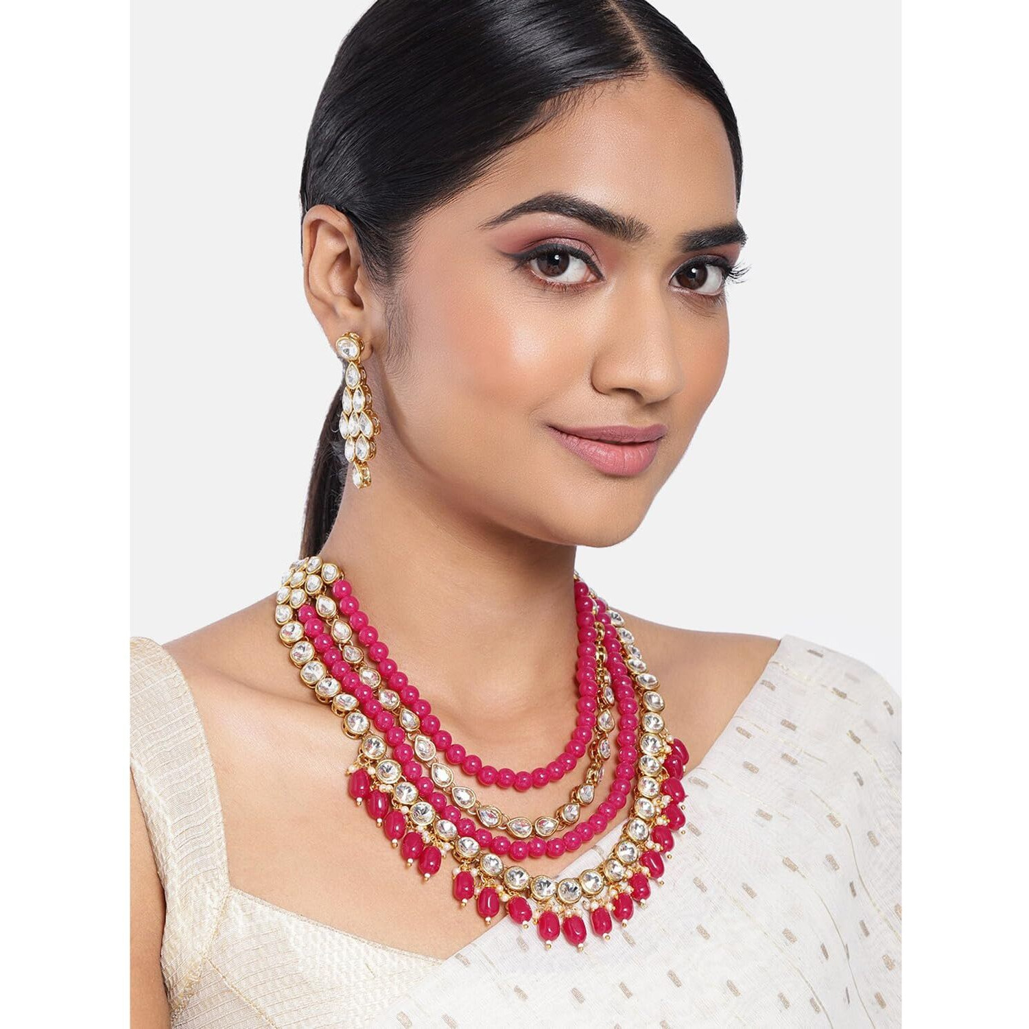 Peora Rani Pink Gold Plated Kundan Long Necklace Earring Indian Traditional Jewellery Set for Women