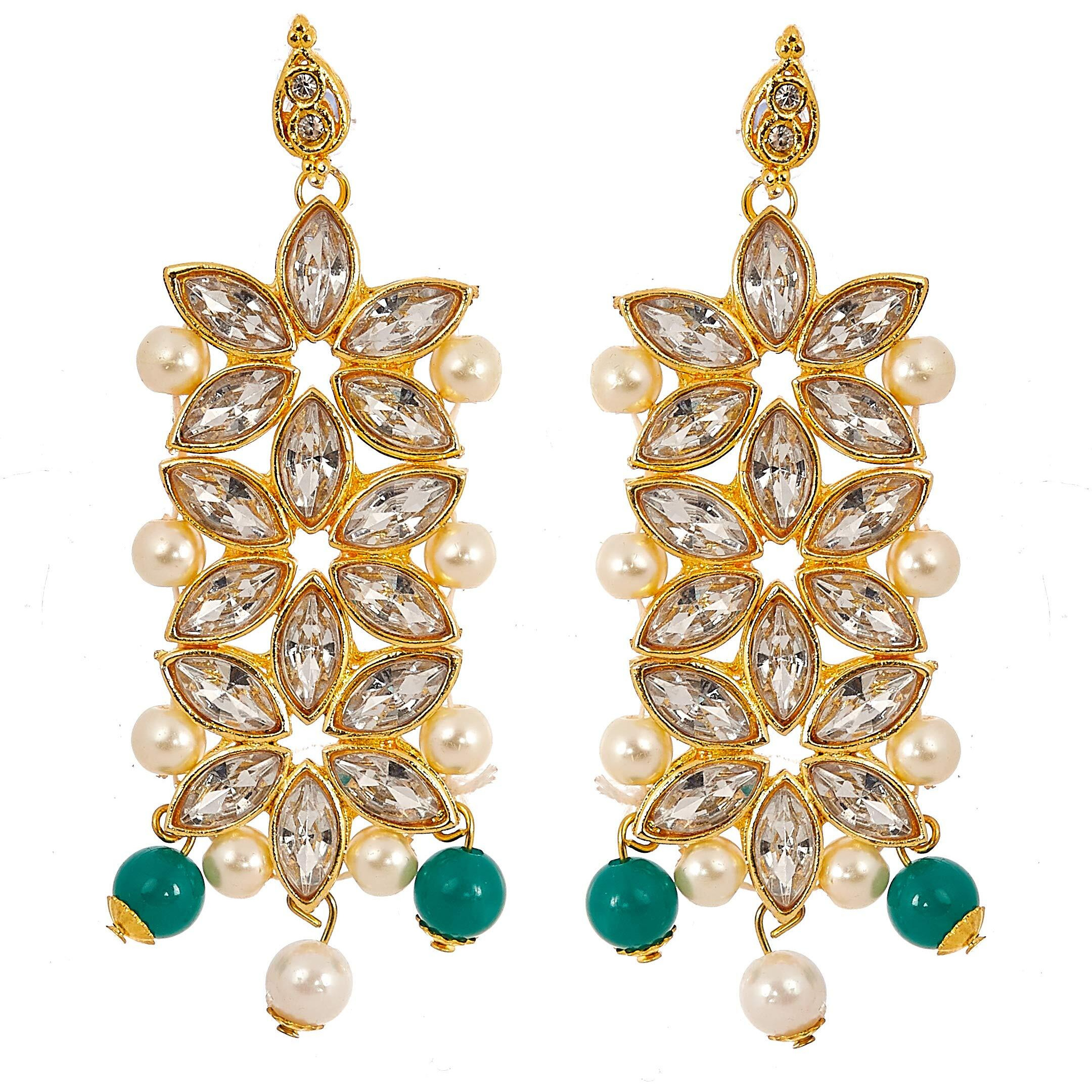 ZENEME Maang Tikka With Earrings Set Flower Shaped Gold Plated Jewellery For Women and Girls (White Green)