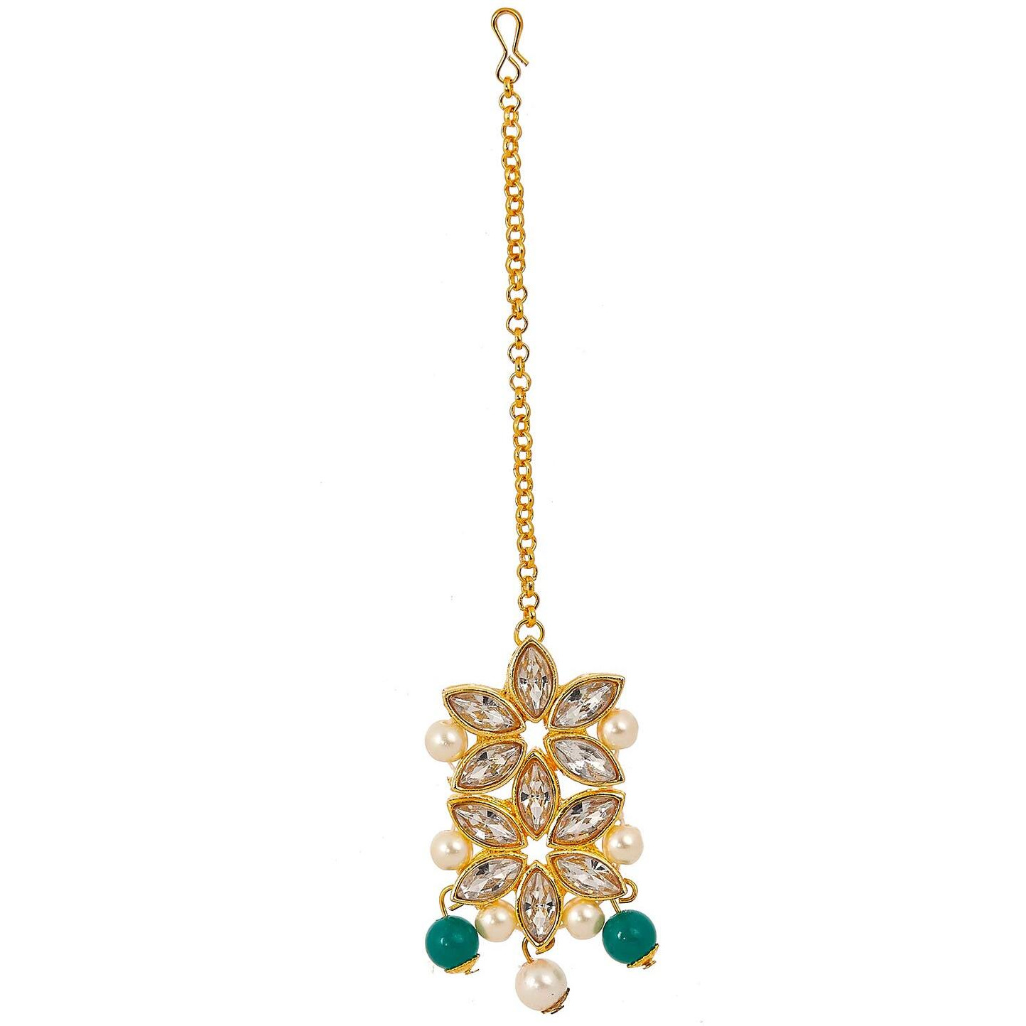 ZENEME Maang Tikka With Earrings Set Flower Shaped Gold Plated Jewellery For Women and Girls (White Green)