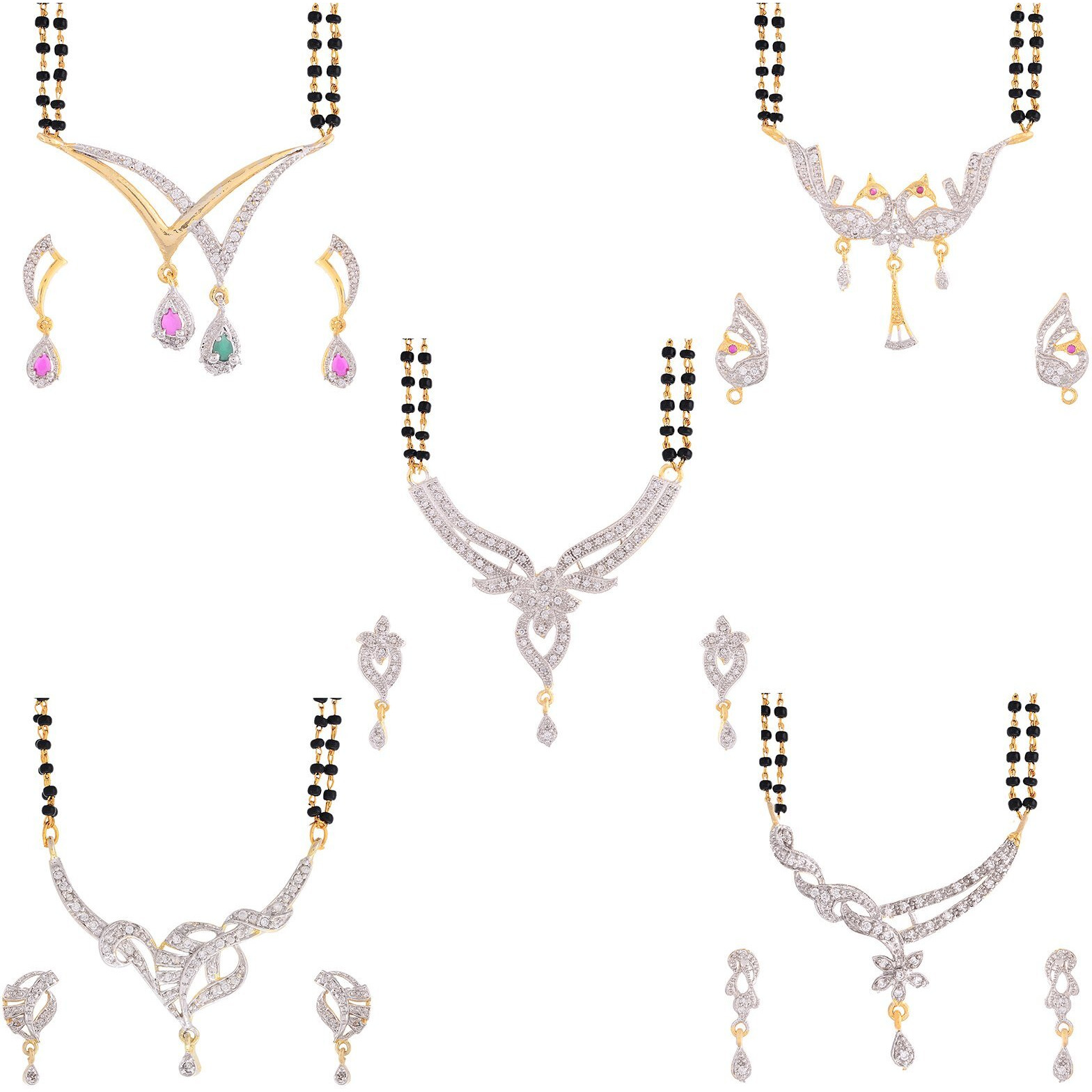 ZENEME White American Diamond Combo Of 4 Mangalsutra With Earrings Set For Women (Design-8)